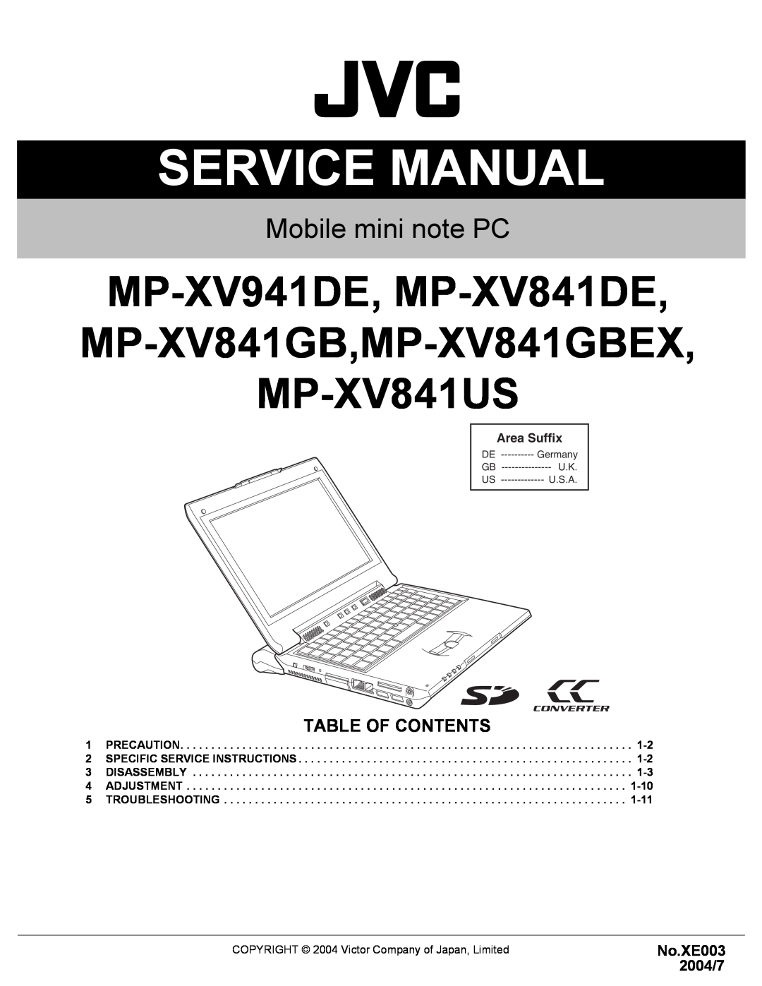 JVC MP-XV841GB service manual Table Of Contents, Service Manual, Mobile mini note PC, No.XE003 2004/7, Area Suffix 