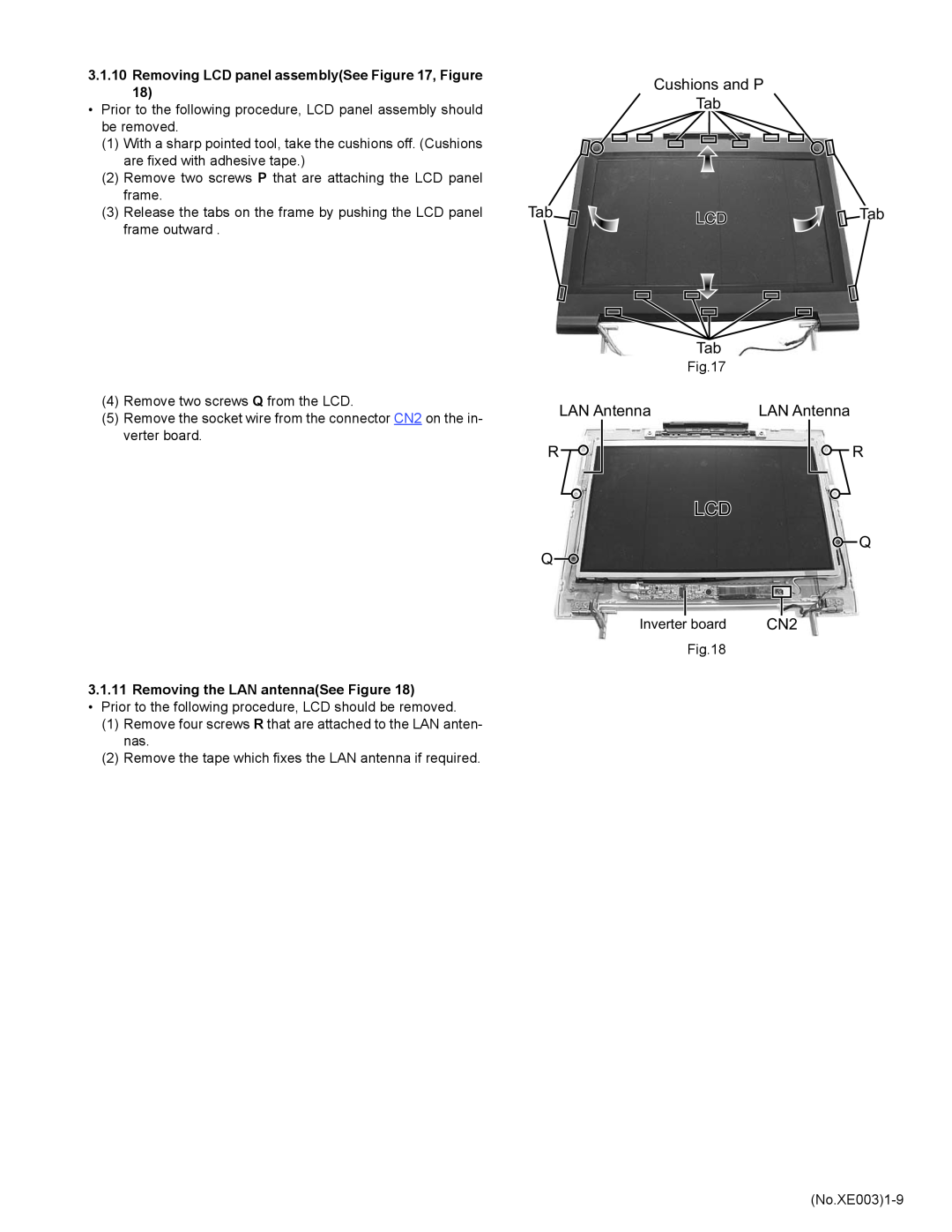 JVC MP-XV841DE, MP-XV941DE, MP-XV841GB Removing LCD panel assemblySee , Figure, Removing the LAN antennaSee Figure 