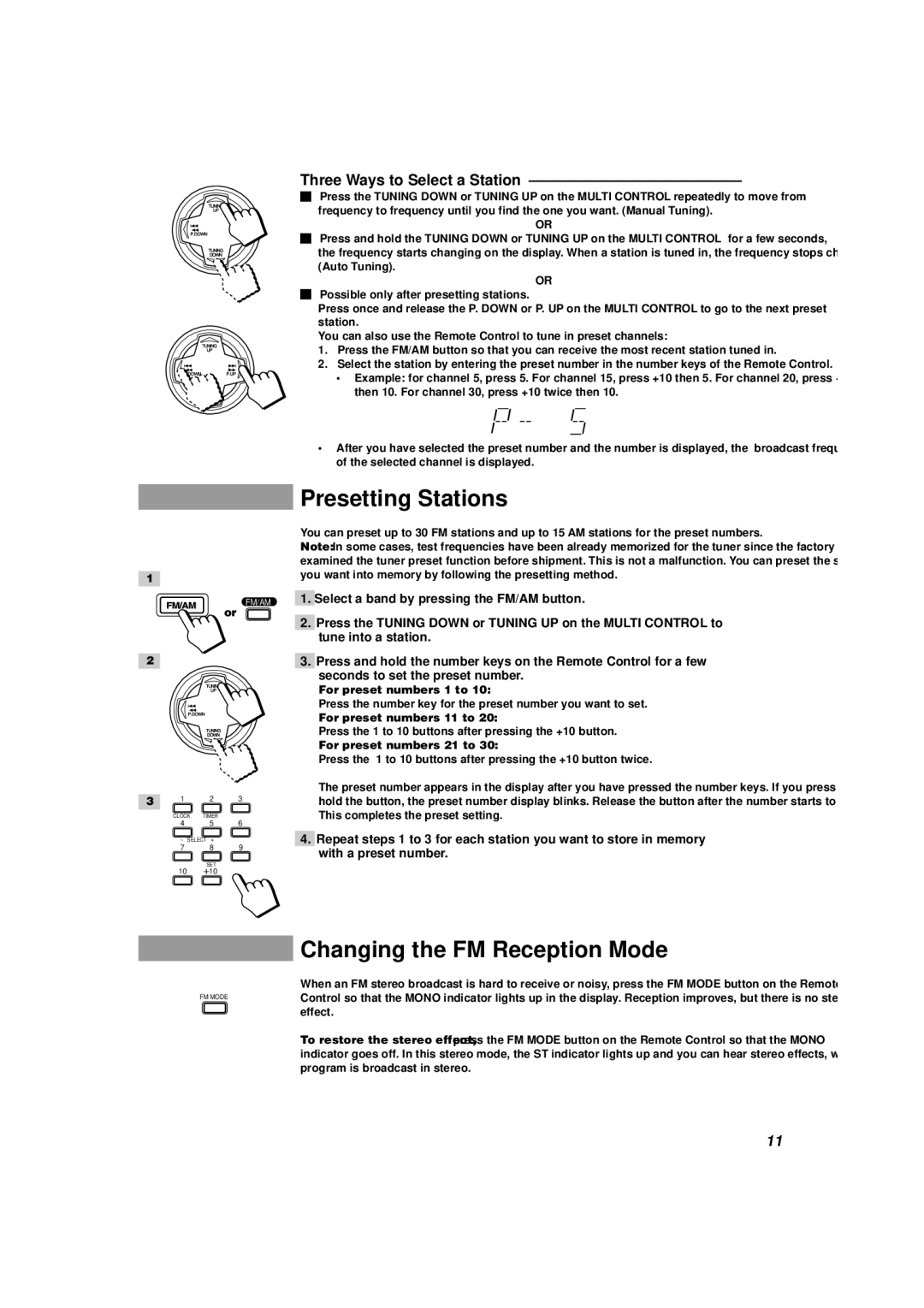 JVC MX-D302T manual Presetting Stations, Changing the FM Reception Mode, Three Ways to Select a Station 