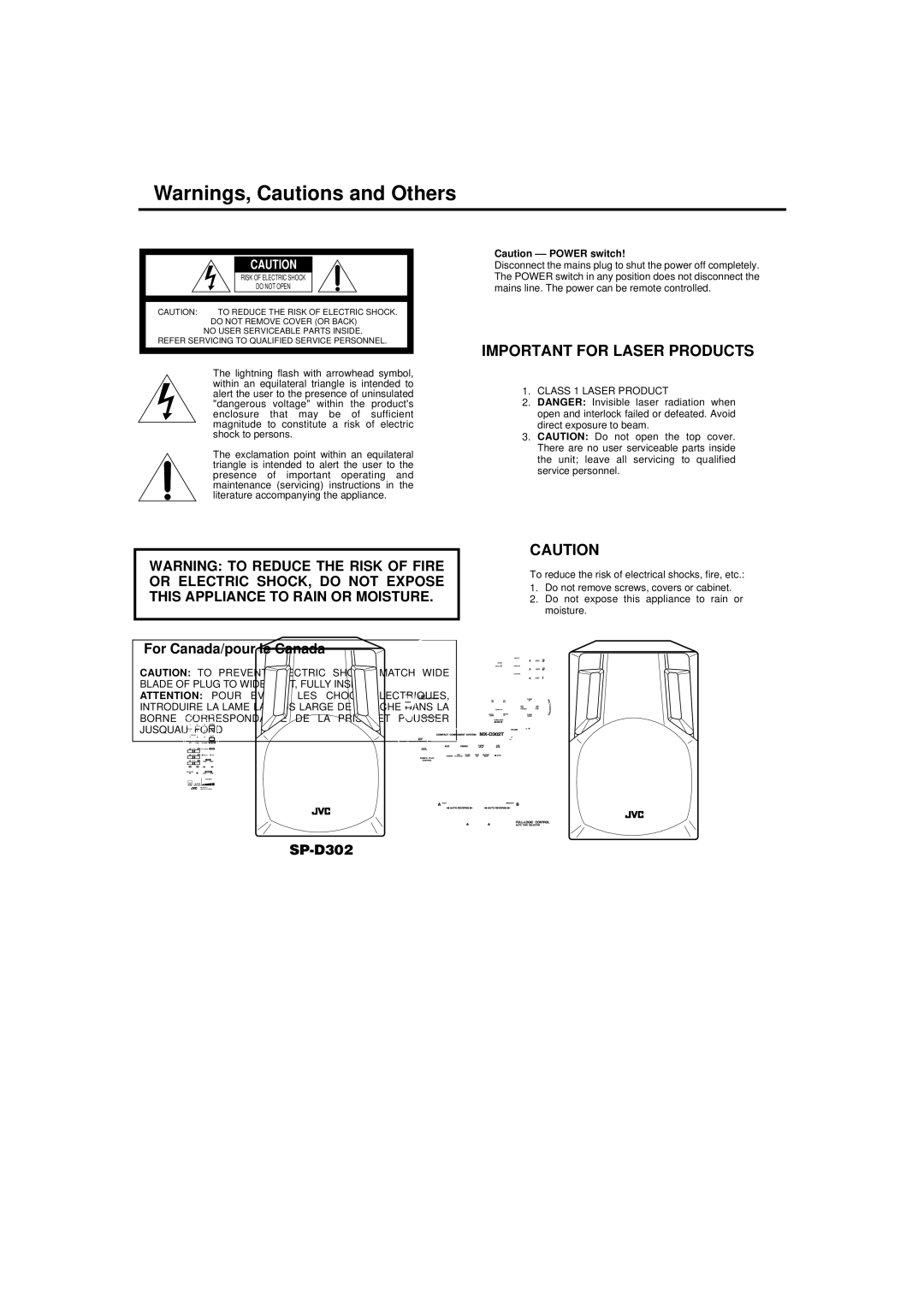 JVC MX-D302T manual Important for Laser Products 