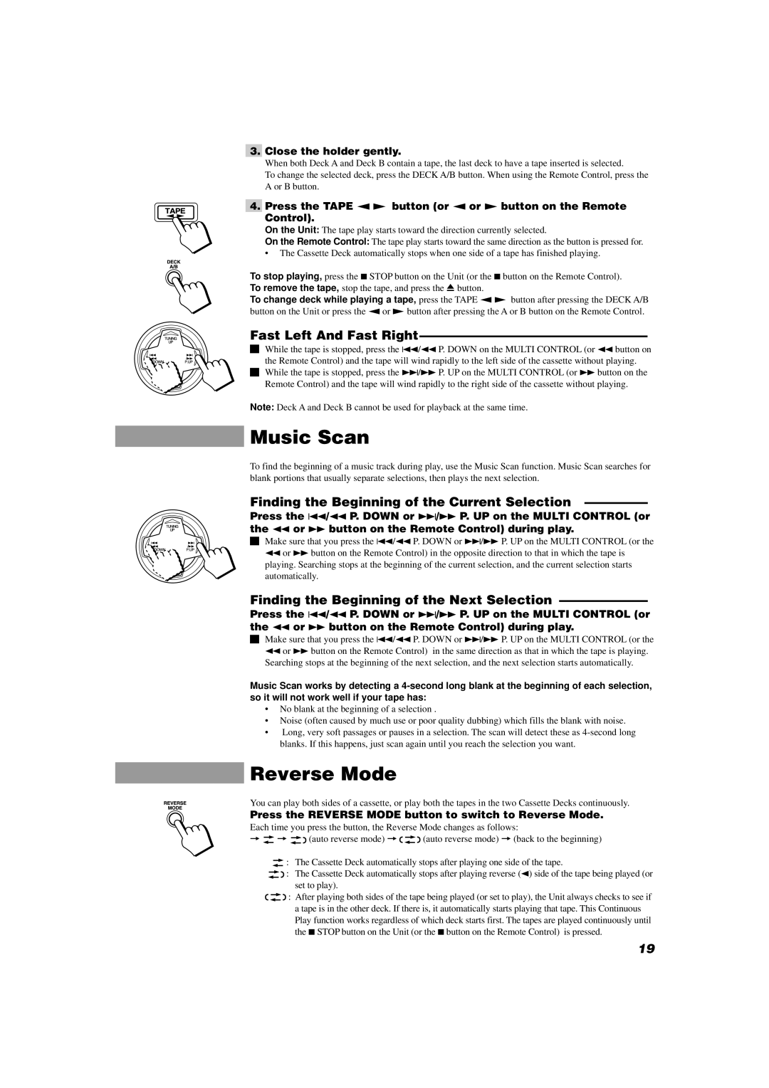 JVC MX-D302T manual Music Scan, Reverse Mode, Fast Left And Fast Right, Finding the Beginning of the Current Selection 