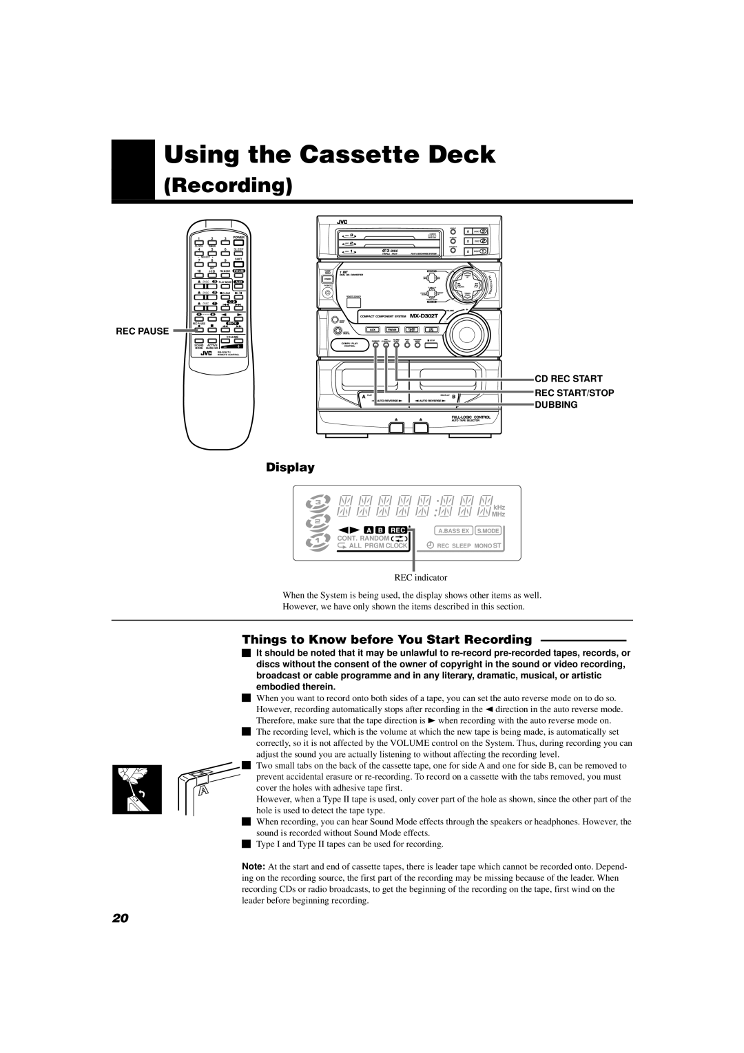 JVC MX-D302T manual Things to Know before You Start Recording 