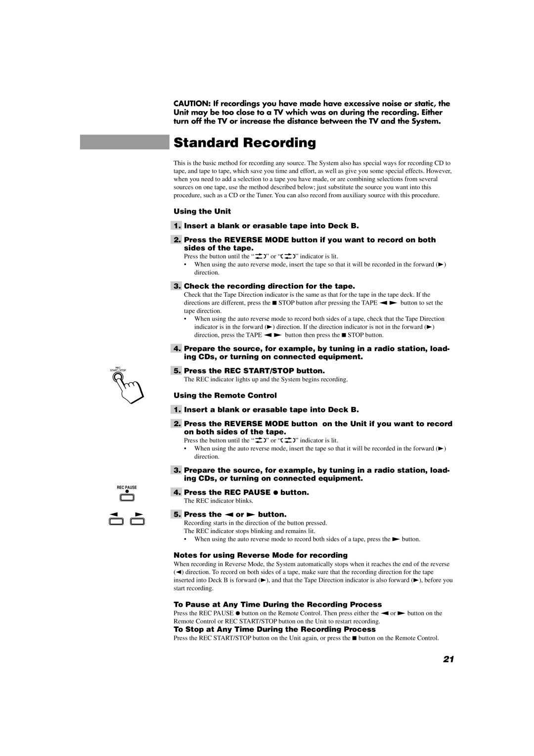 JVC MX-D302T manual Standard Recording 