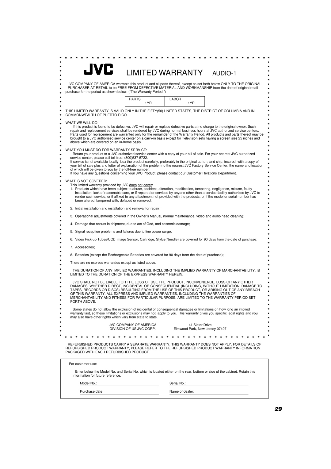 JVC MX-D302T manual Limited Warranty AUDIO-1 