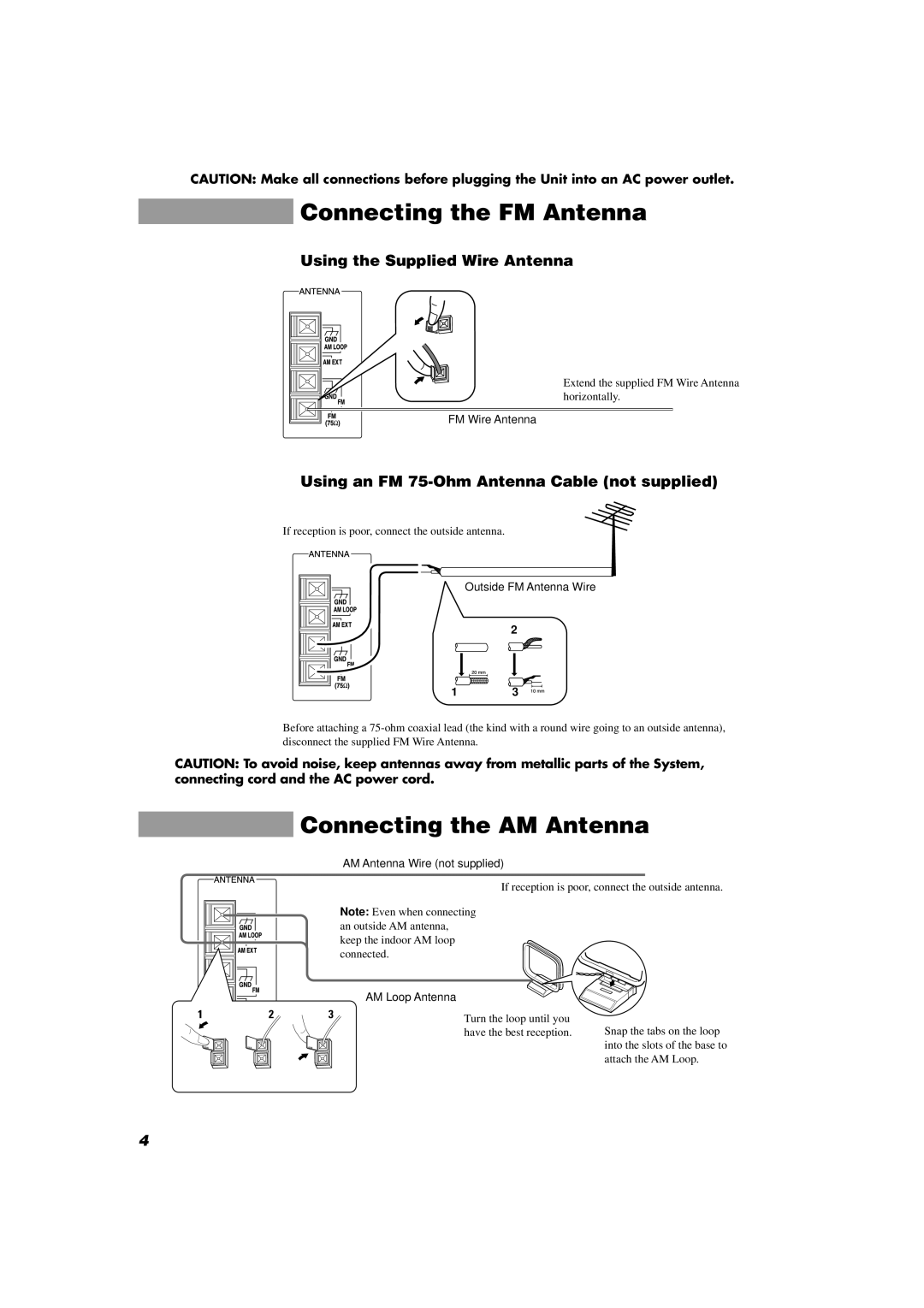 JVC MX-D302T manual Connecting the FM Antenna, Connecting the AM Antenna, Using the Supplied Wire Antenna 