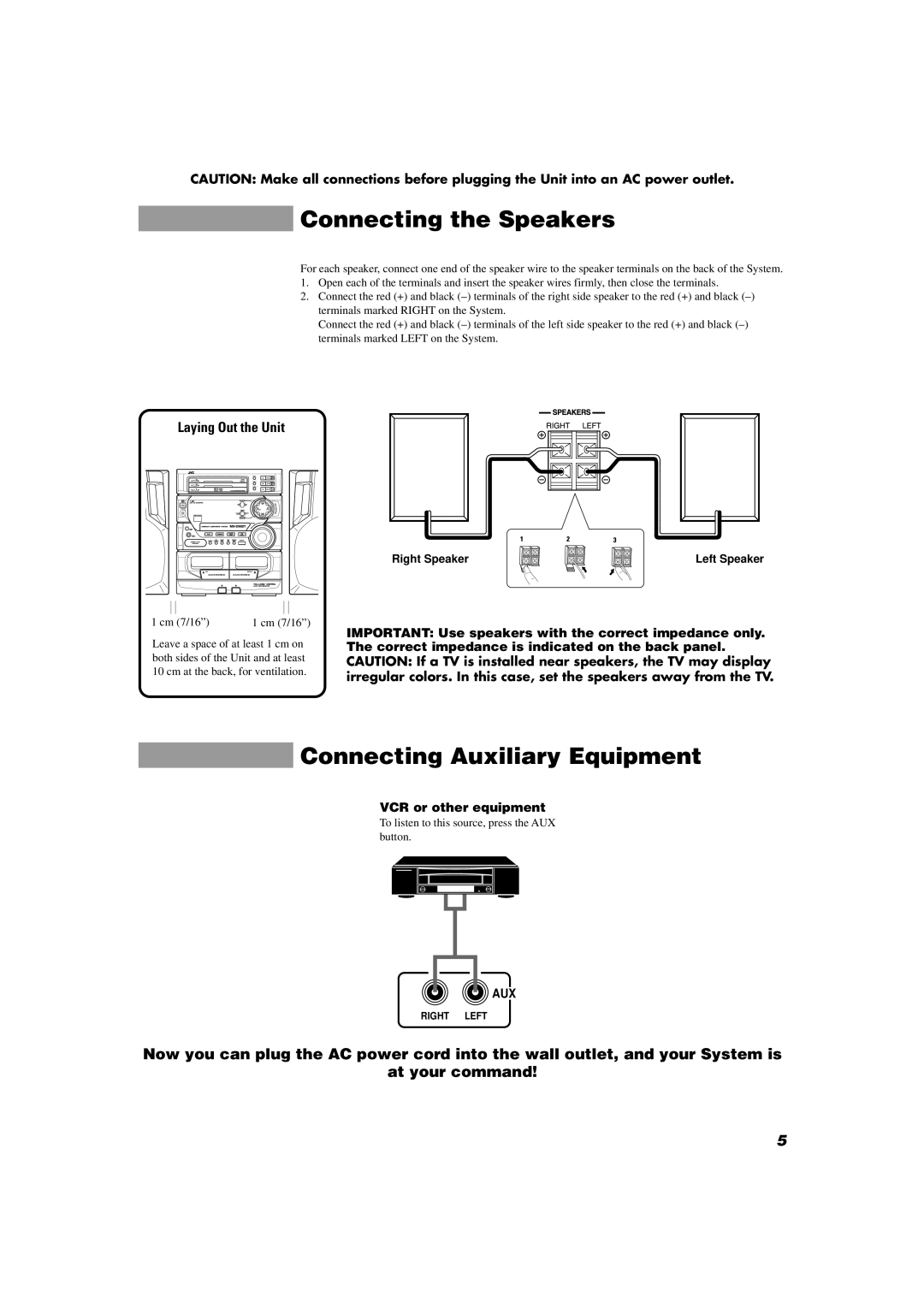 JVC MX-D302T manual Connecting the Speakers, Connecting Auxiliary Equipment, VCR or other equipment, Right Speaker 