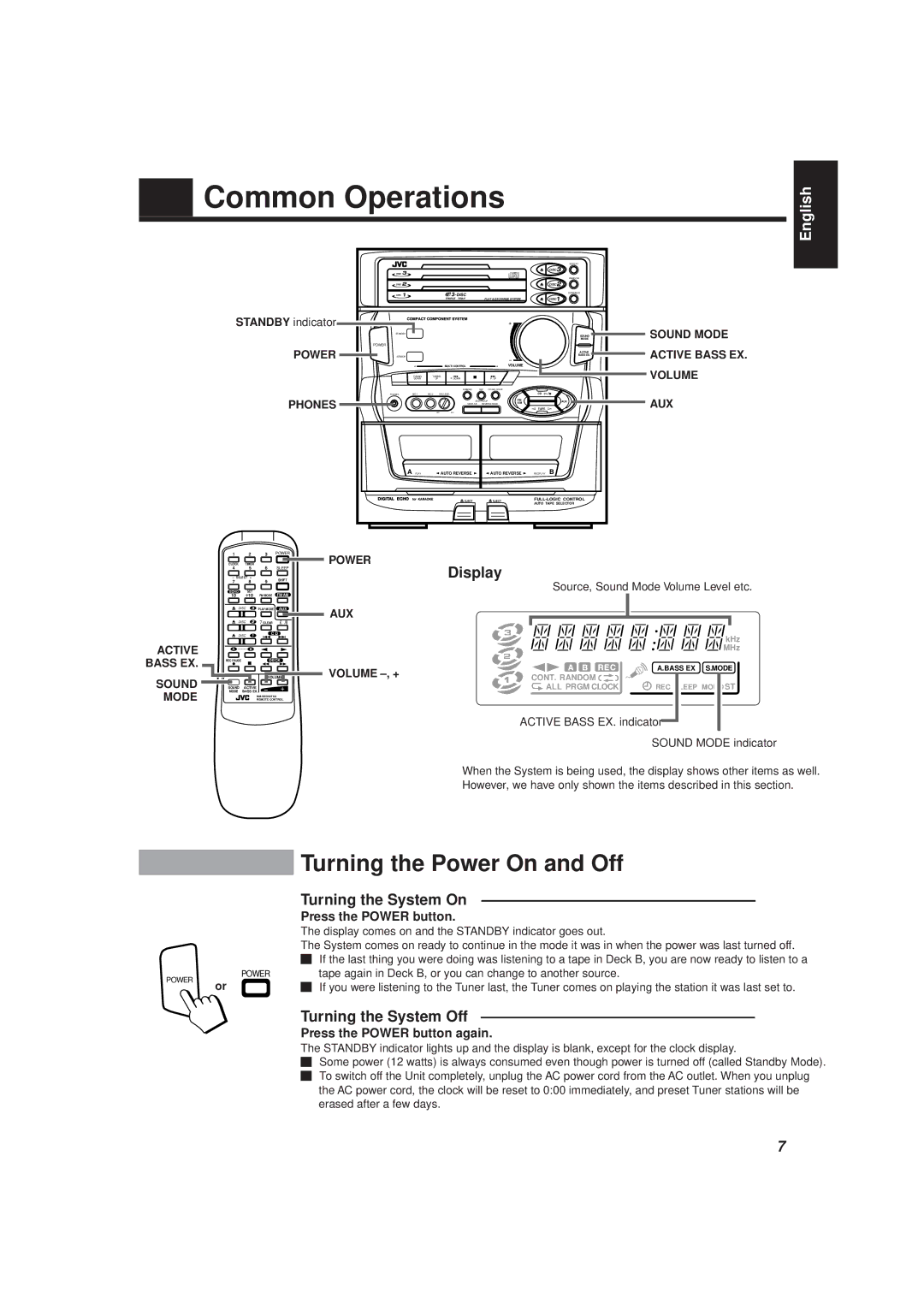 JVC CA-D501T manual Common Operations, Turning the Power On and Off, Display, Turning the System On, Turning the System Off 