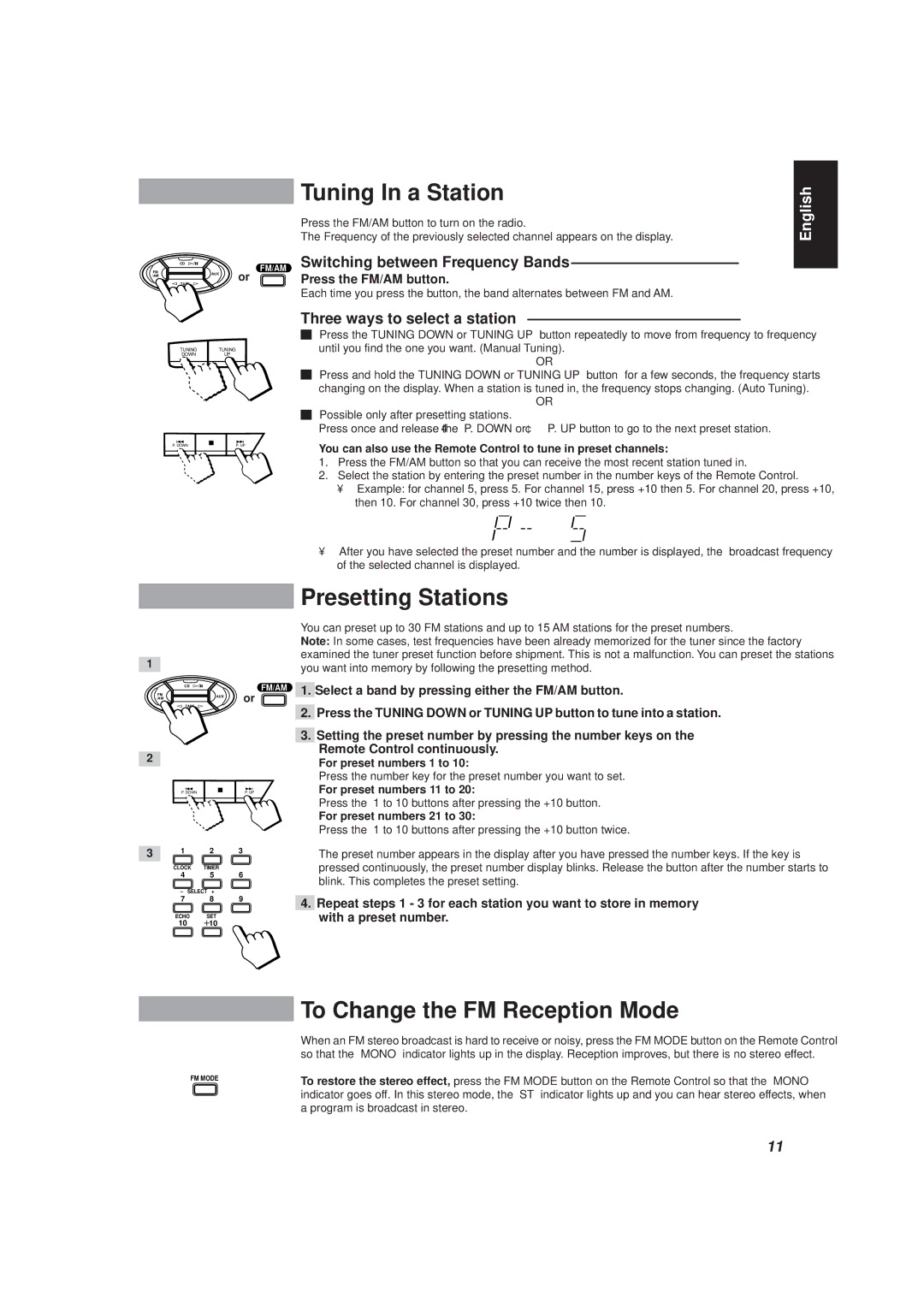 JVC CA-D501T Tuning In a Station, Presetting Stations, To Change the FM Reception Mode, Switching between Frequency Bands 