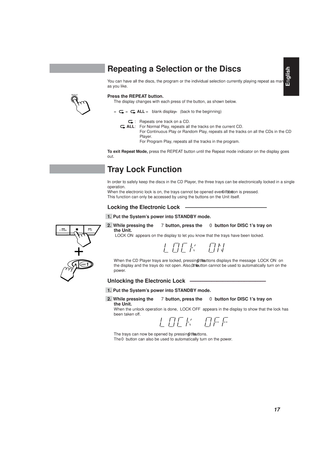 JVC CA-D501T, MX-D401T manual Repeating a Selection or the Discs, Tray Lock Function, Locking the Electronic Lock 