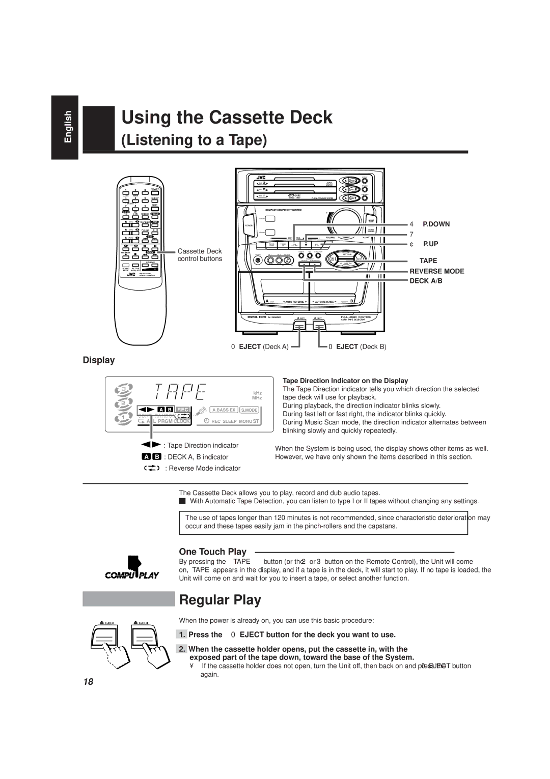 JVC MX-D401T, CA-D501T manual Using the Cassette Deck, Regular Play, One Touch Play, Tape Direction Indicator on the Display 