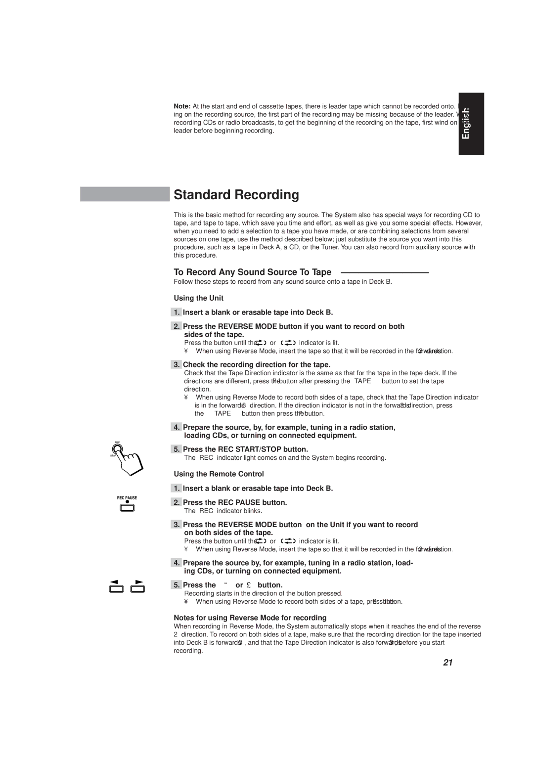 JVC CA-D501T, MX-D401T Standard Recording, To Record Any Sound Source To Tape, Check the recording direction for the tape 