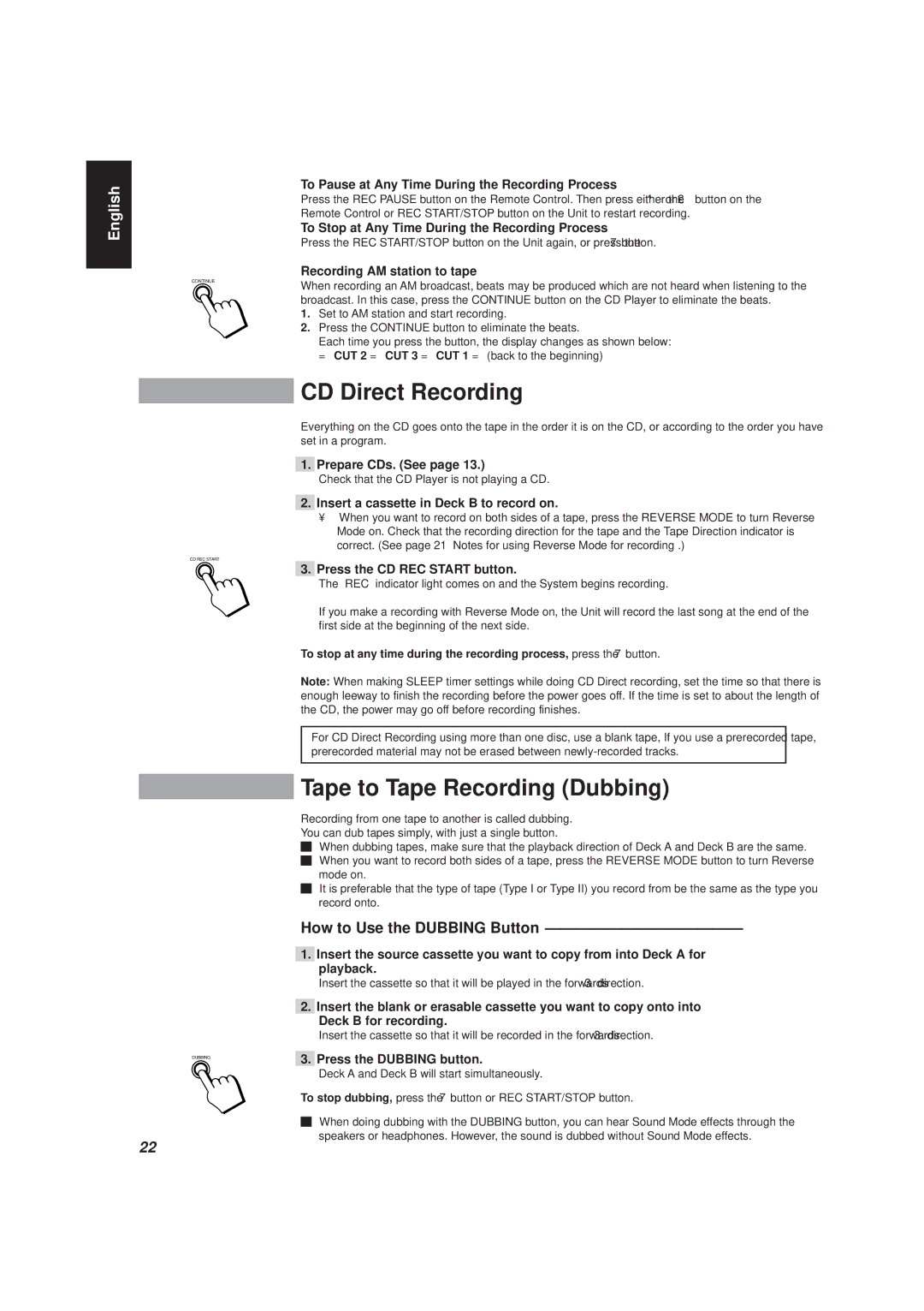 JVC MX-D401T, CA-D501T manual CD Direct Recording, Tape to Tape Recording Dubbing, How to Use the Dubbing Button 