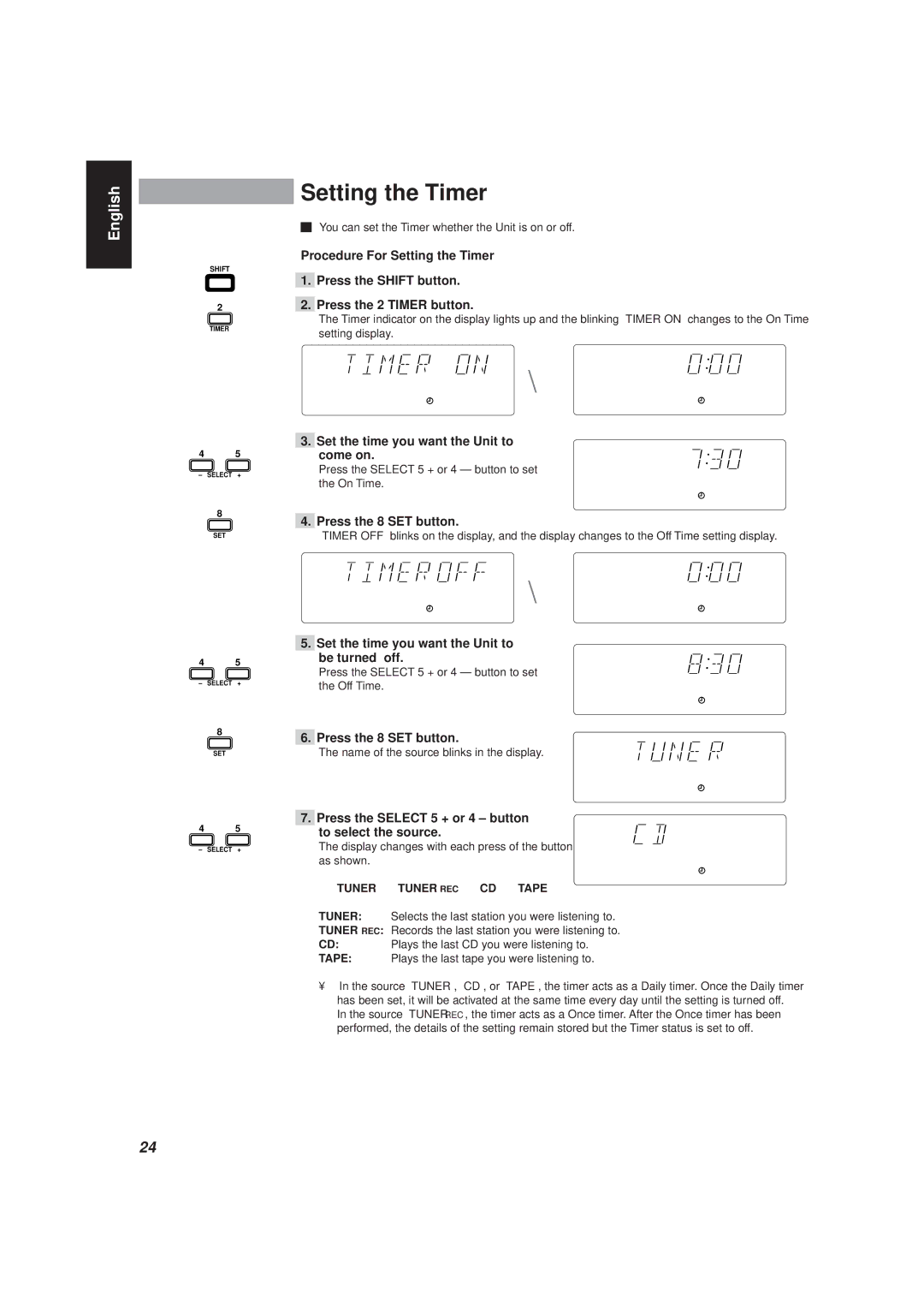 JVC MX-D401T, CA-D501T manual Setting the Timer 