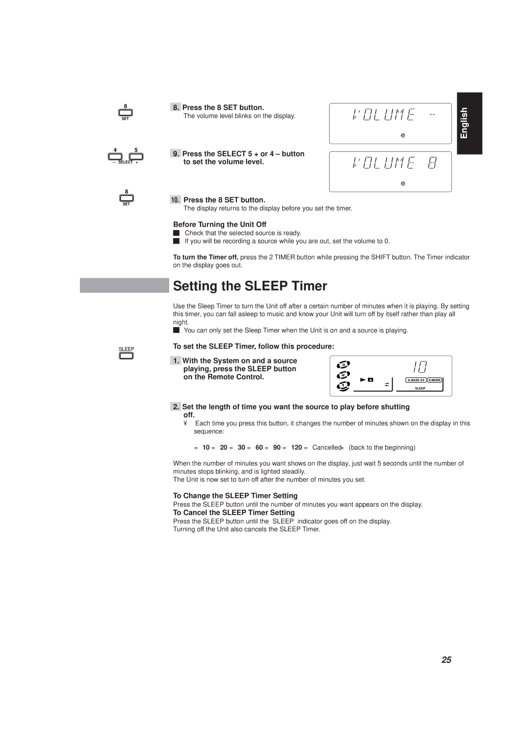 JVC CA-D501T, MX-D401T manual Setting the Sleep Timer, Before Turning the Unit Off, To Change the Sleep Timer Setting 