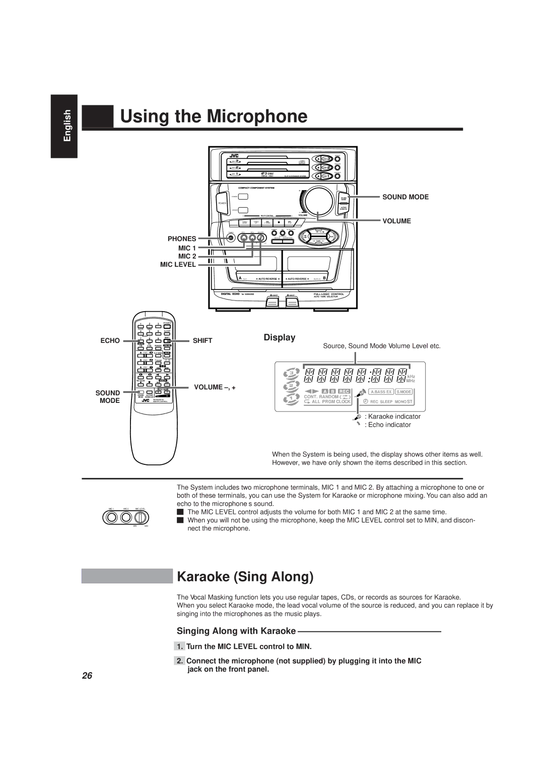 JVC MX-D401T, CA-D501T manual Using the Microphone, Karaoke Sing Along, Singing Along with Karaoke 