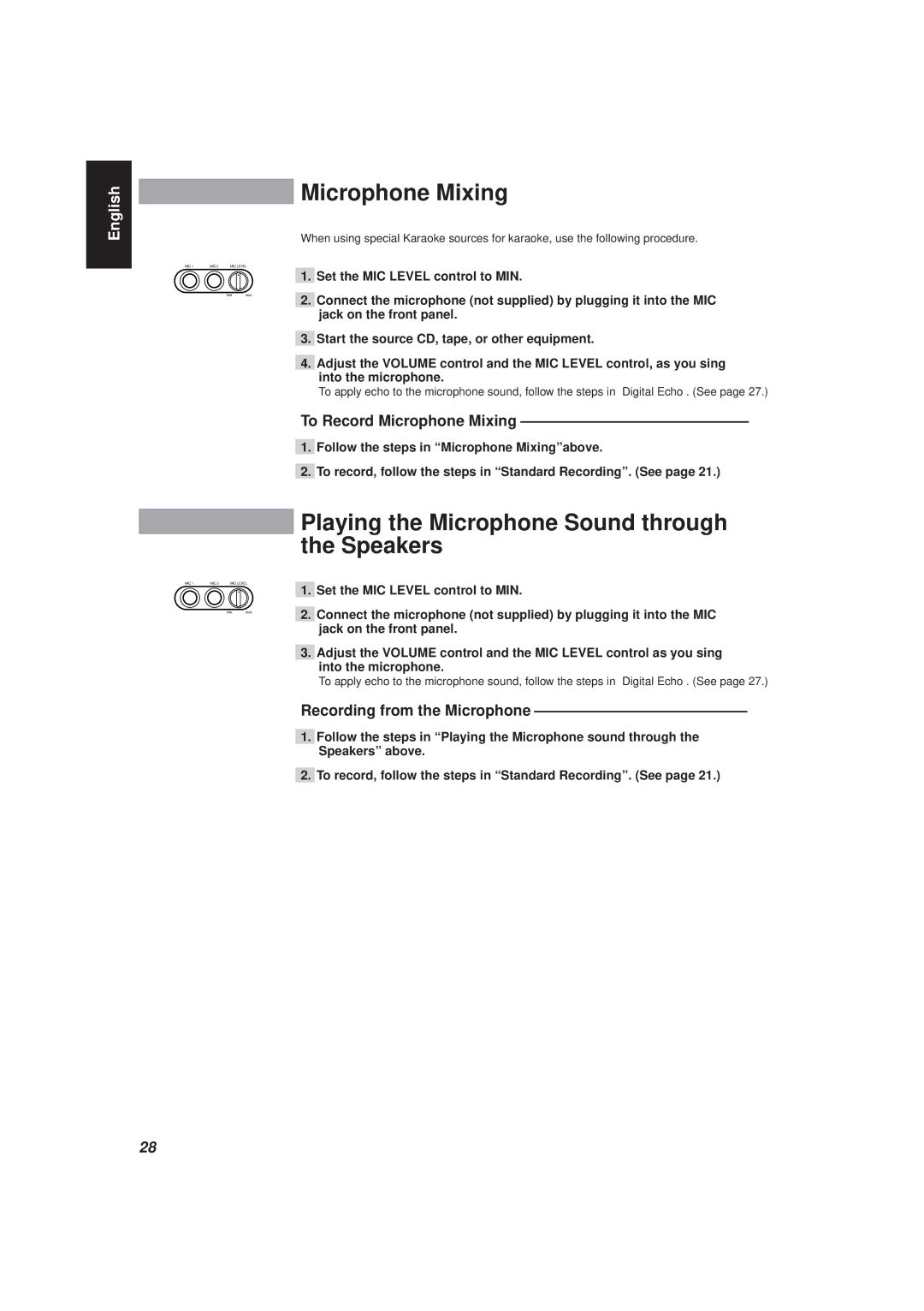 JVC MX-D401T, CA-D501T manual Playing the Microphone Sound through the Speakers, To Record Microphone Mixing 