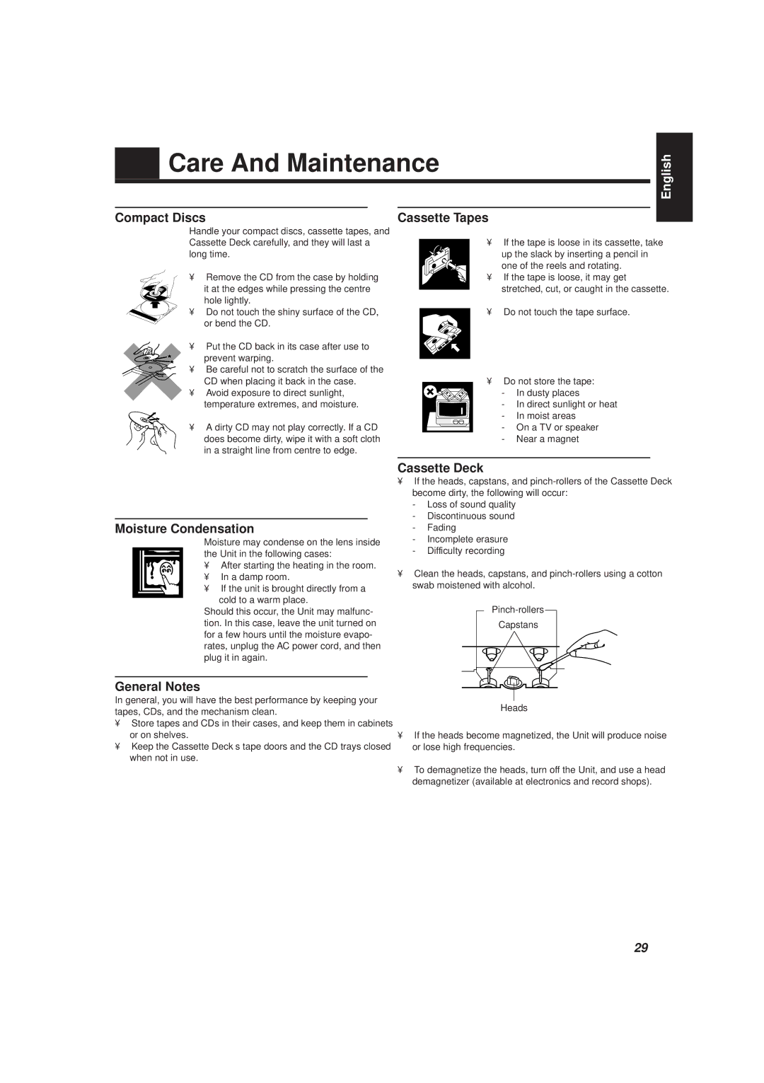 JVC CA-D501T manual Care And Maintenance, Compact Discs Cassette Tapes, Moisture Condensation, Cassette Deck, General Notes 