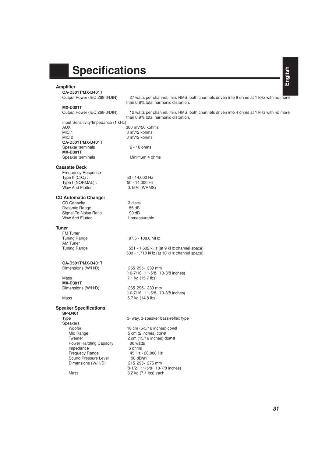 JVC CA-D501T, MX-D401T manual Specifications 