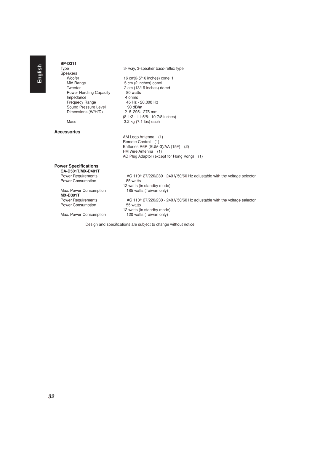 JVC MX-D401T, CA-D501T manual Accessories, Power Specifications, SP-D311 