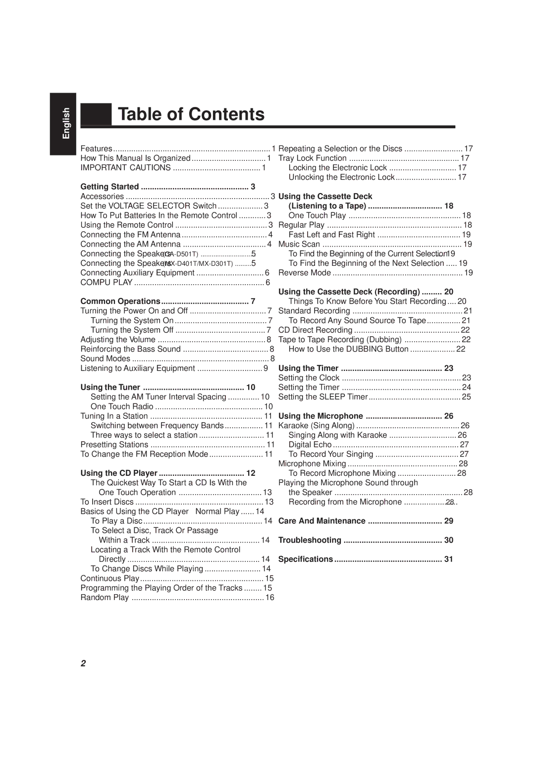 JVC MX-D401T, CA-D501T manual Table of Contents 