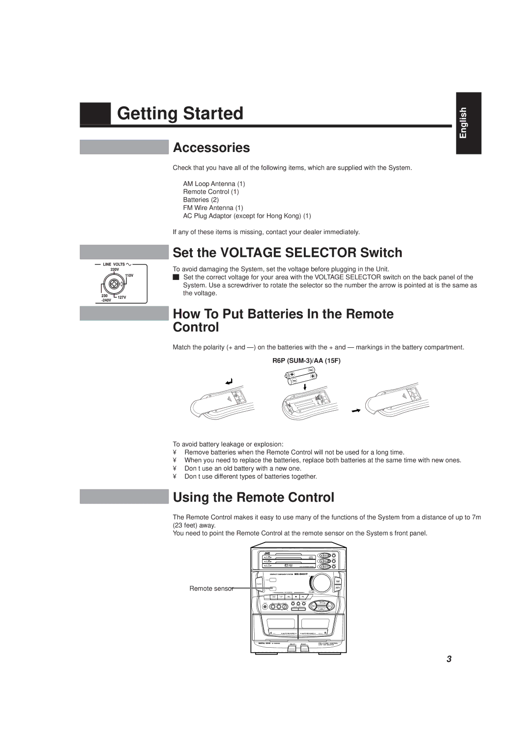 JVC CA-D501T Getting Started, Accessories, Set the Voltage Selector Switch, How To Put Batteries In the Remote Control 