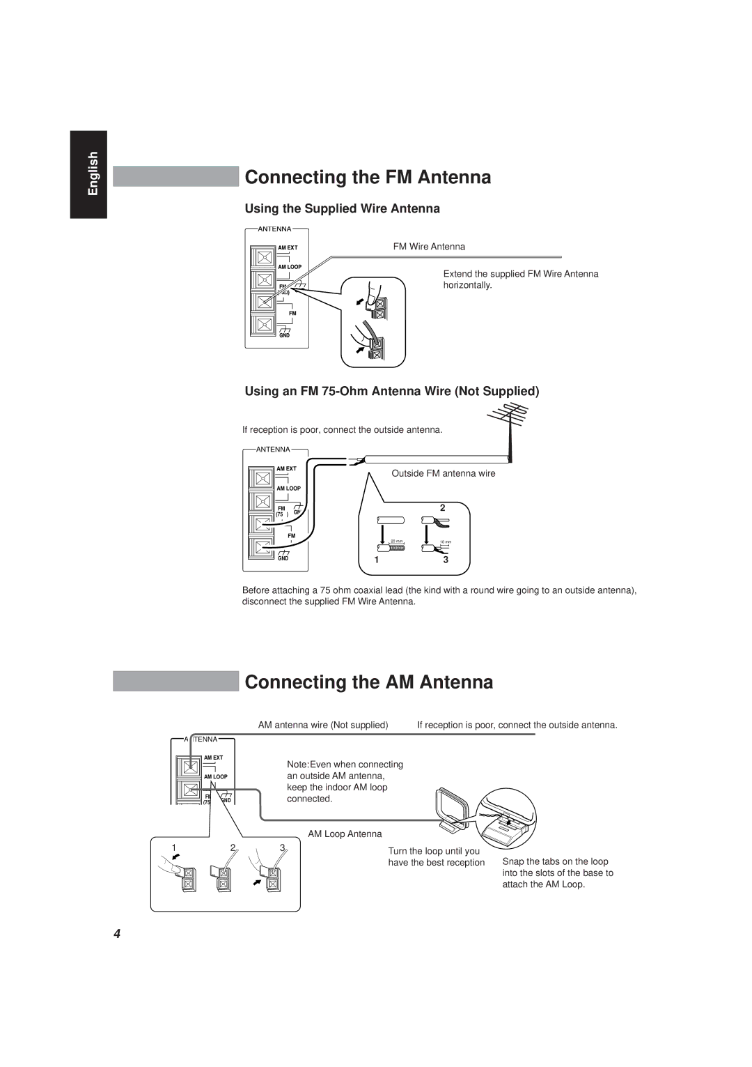 JVC MX-D401T, CA-D501T manual Connecting the FM Antenna, Connecting the AM Antenna, Using the Supplied Wire Antenna 