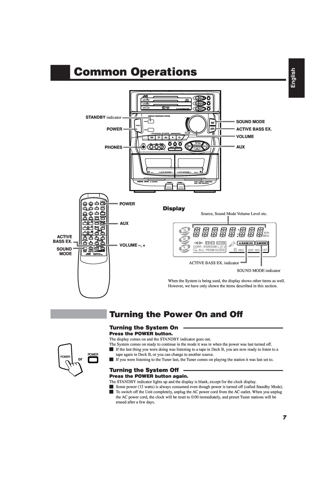 JVC CA-D501T manual Common Operations, Turning the Power On and Off, English, Sound Mode, Active Bass Ex, Volume, Phones 