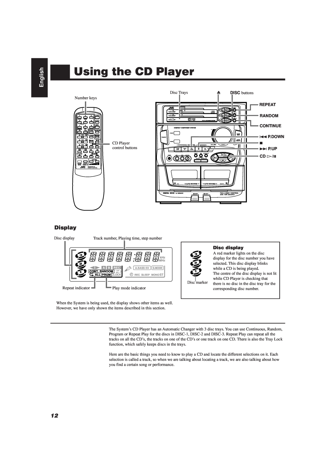 JVC MX-D401T, CA-D501T manual Using the CD Player, English, Repeat, Random, Continue, 4P.DOWN, ¢ P.Up, CD Ü/8, Disc display 