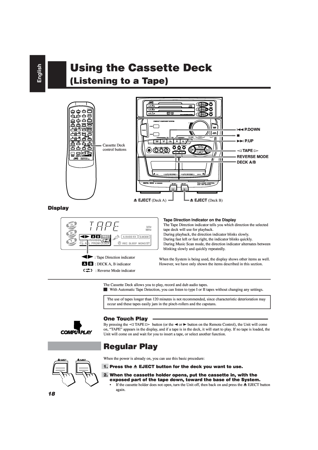 JVC MX-D401T, CA-D501T manual Using the Cassette Deck, Listening to a Tape, Regular Play, English 