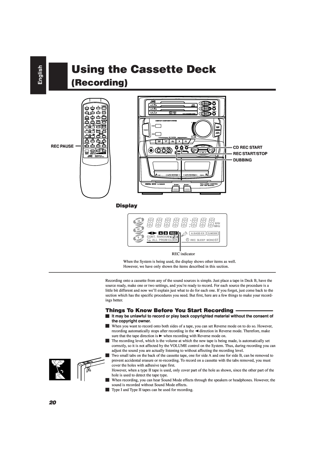 JVC MX-D401T, CA-D501T manual Recording, Using the Cassette Deck, English, Rec Pause, Cd Rec Start Rec Start/Stop Dubbing 
