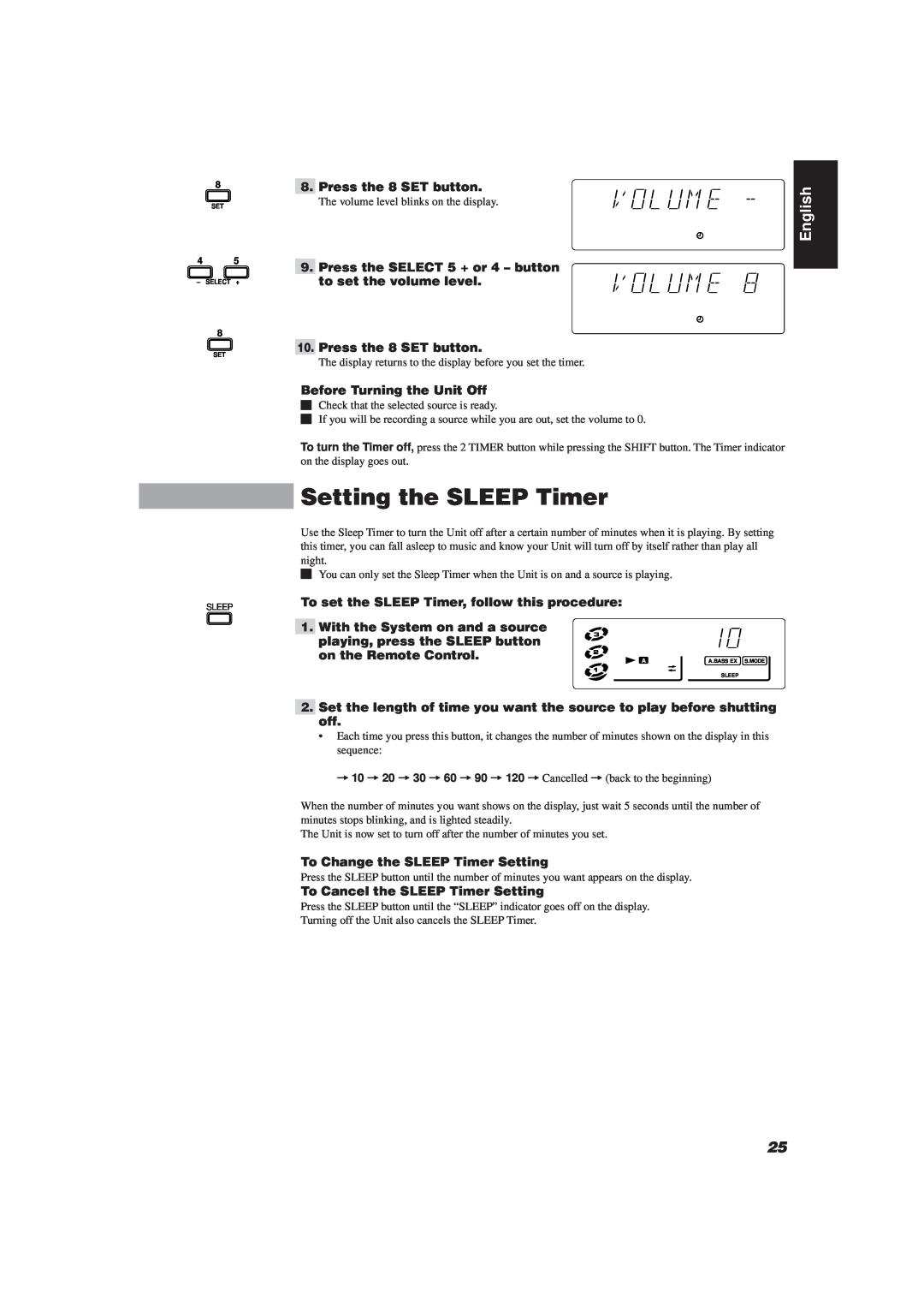 JVC CA-D501T, MX-D401T manual Setting the SLEEP Timer, English, Press the 8 SET button, Before Turning the Unit Off 