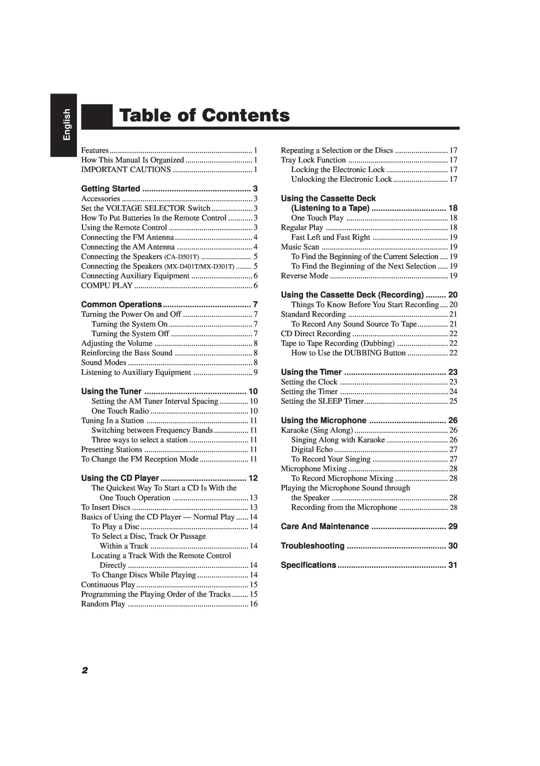 JVC MX-D401T, CA-D501T manual Table of Contents, English 