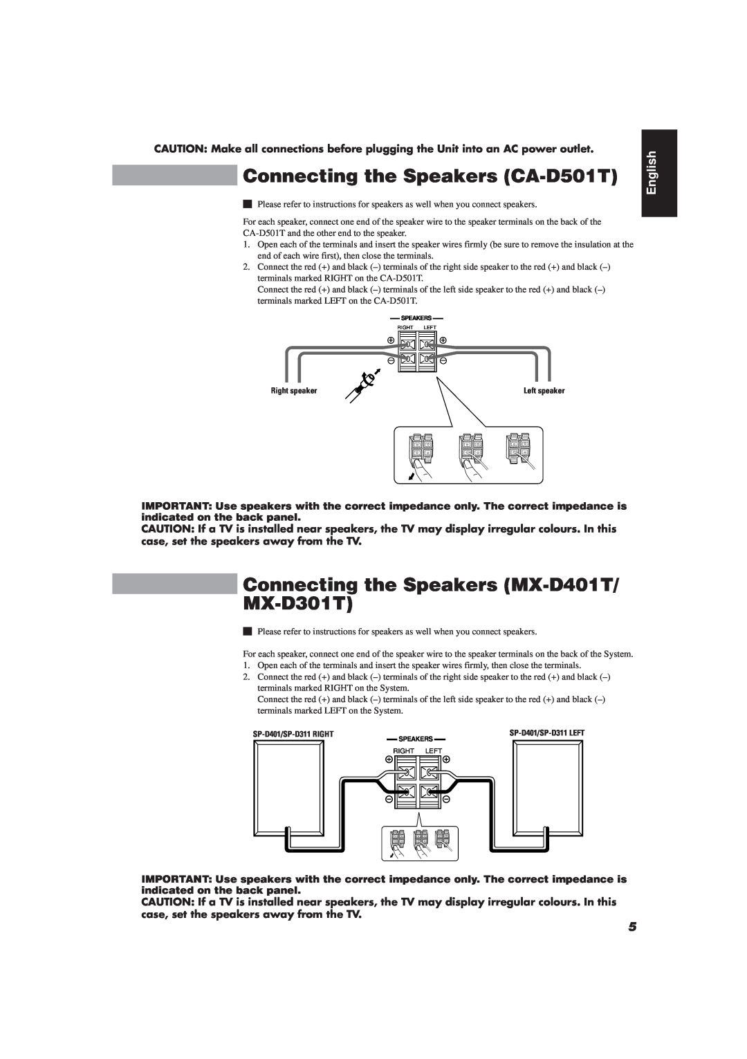 JVC manual Connecting the Speakers CA-D501T, Connecting the Speakers MX-D401T/ MX-D301T, English 