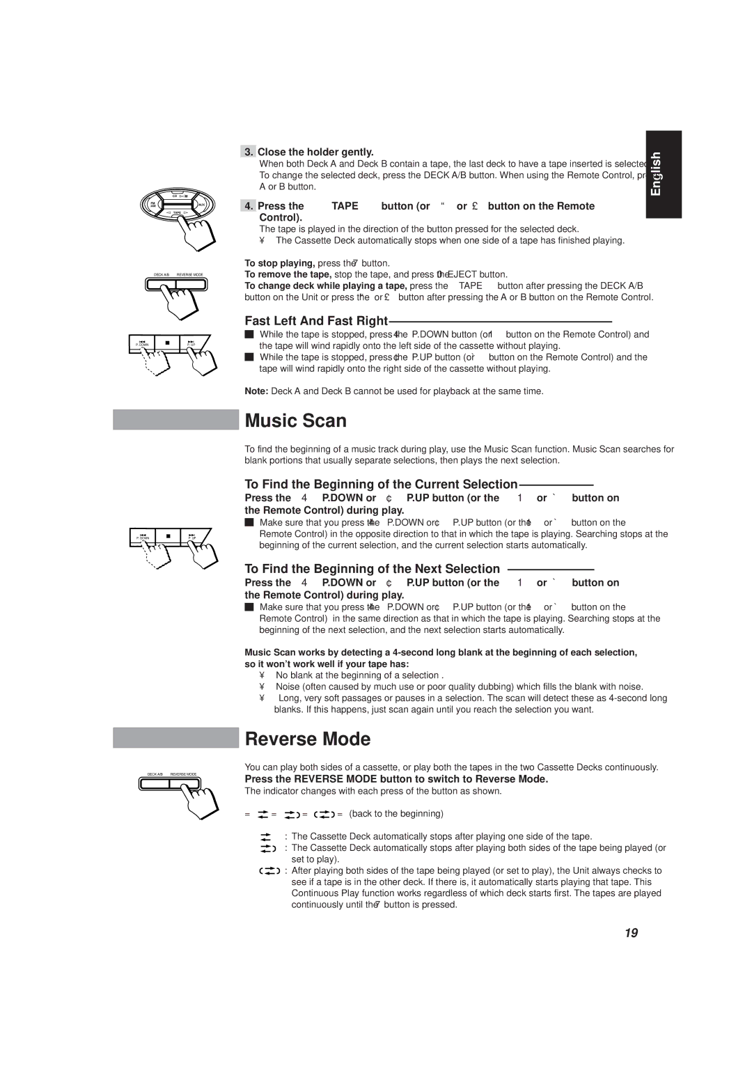 JVC CA-D501T, MX-D401T Music Scan, Reverse Mode, Fast Left And Fast Right, To Find the Beginning of the Current Selection 