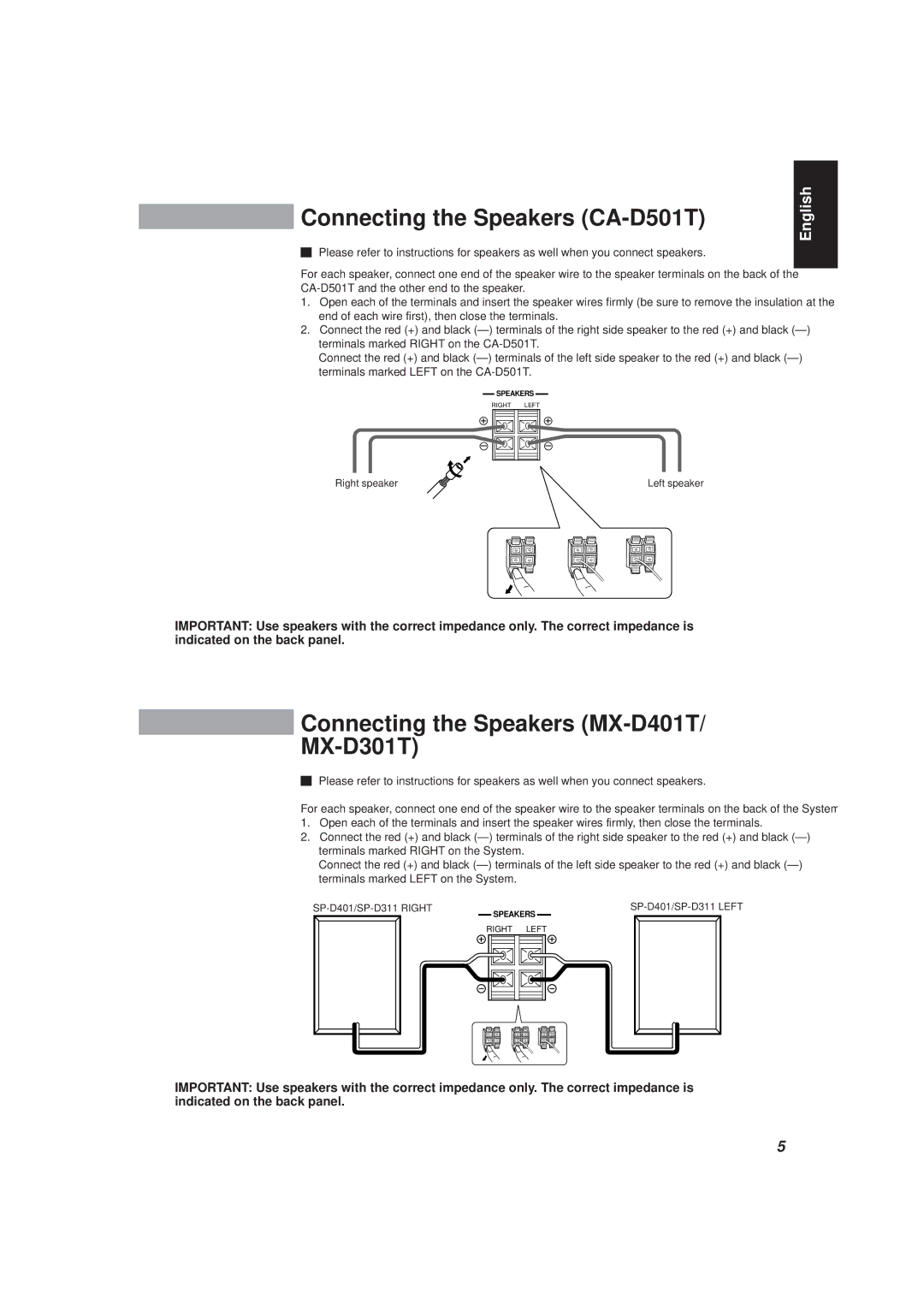 JVC manual Connecting the Speakers CA-D501T, Connecting the Speakers MX-D401T/ MX-D301T 