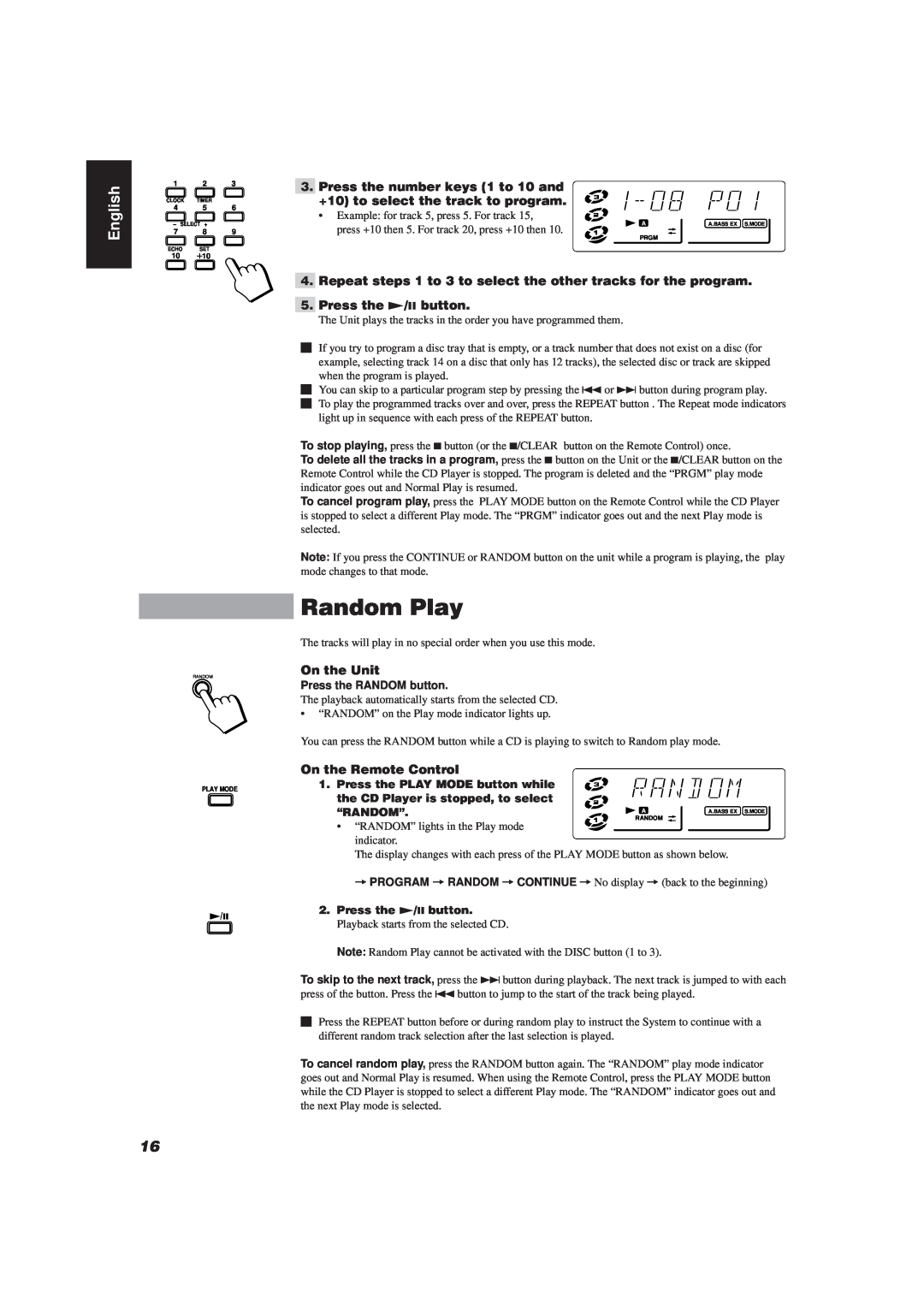 JVC CA-D501T manual Random Play, English, press +10 then 5. For track 20, press +10 then, Press the RANDOM button, “Random” 