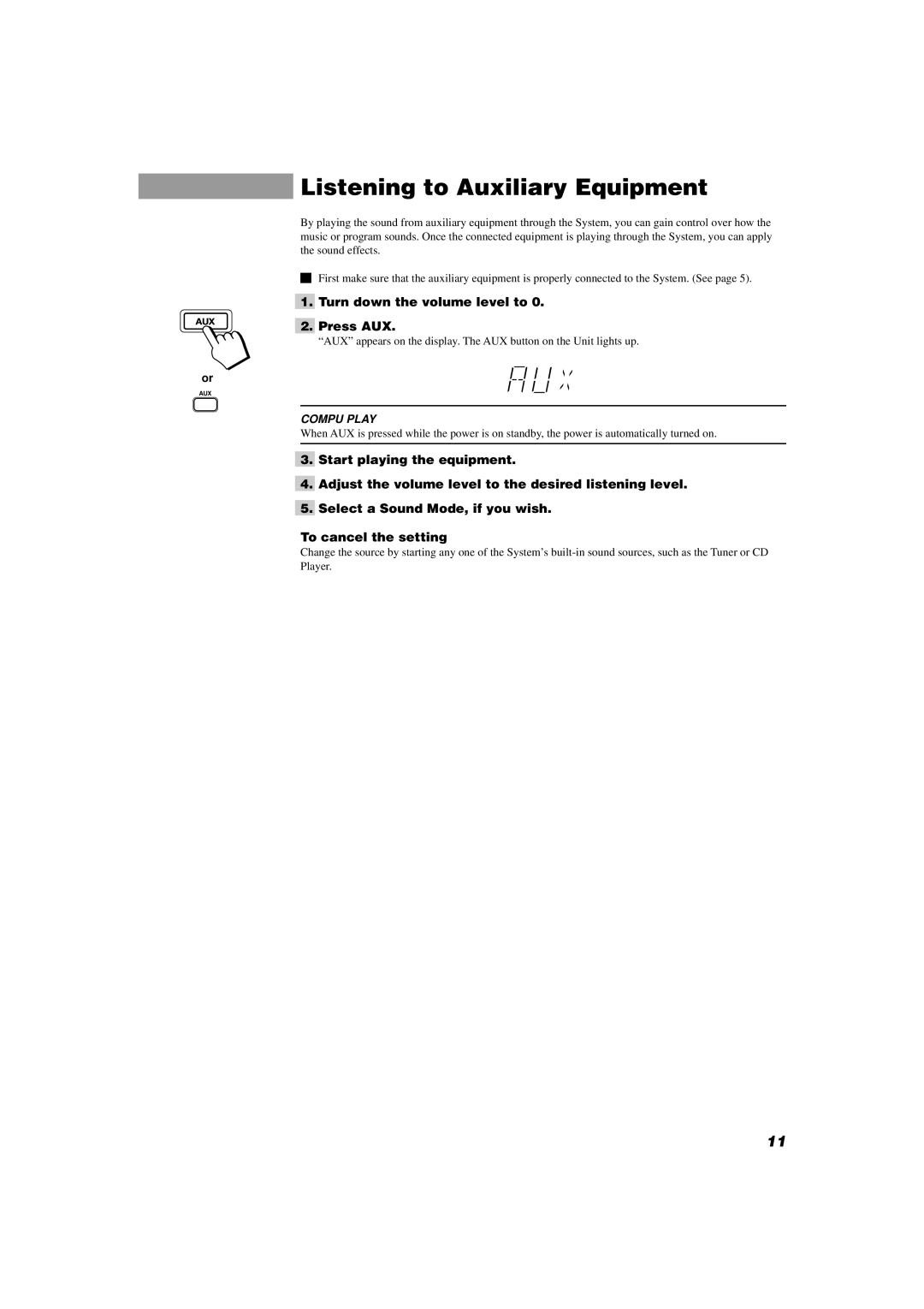 JVC MX-D402T manual Listening to Auxiliary Equipment, Turn down the volume level to Press AUX 