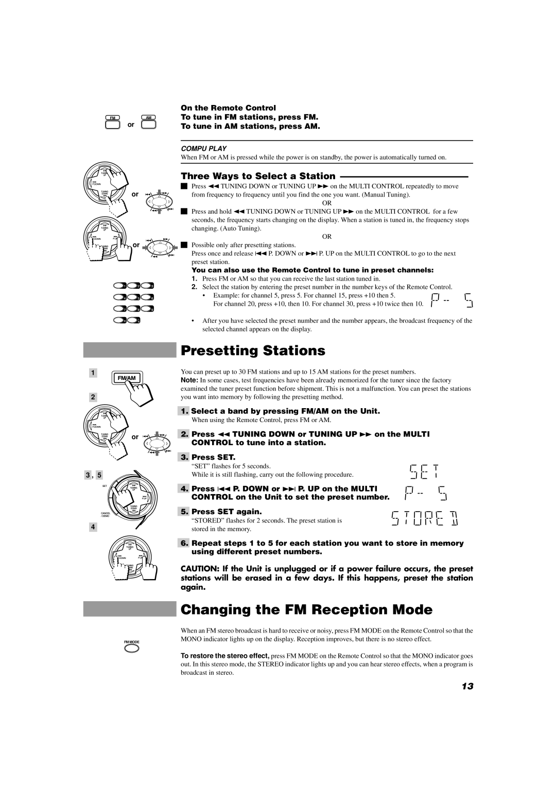 JVC MX-D402T manual Presetting Stations, Changing the FM Reception Mode, Three Ways to Select a Station 