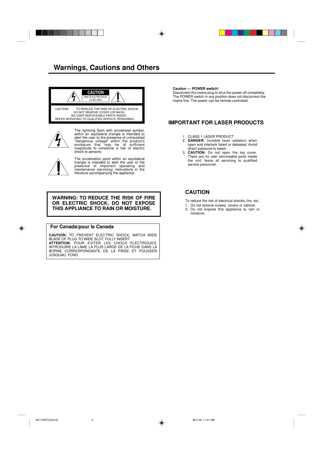 JVC MX-D402T manual Important for Laser Products 