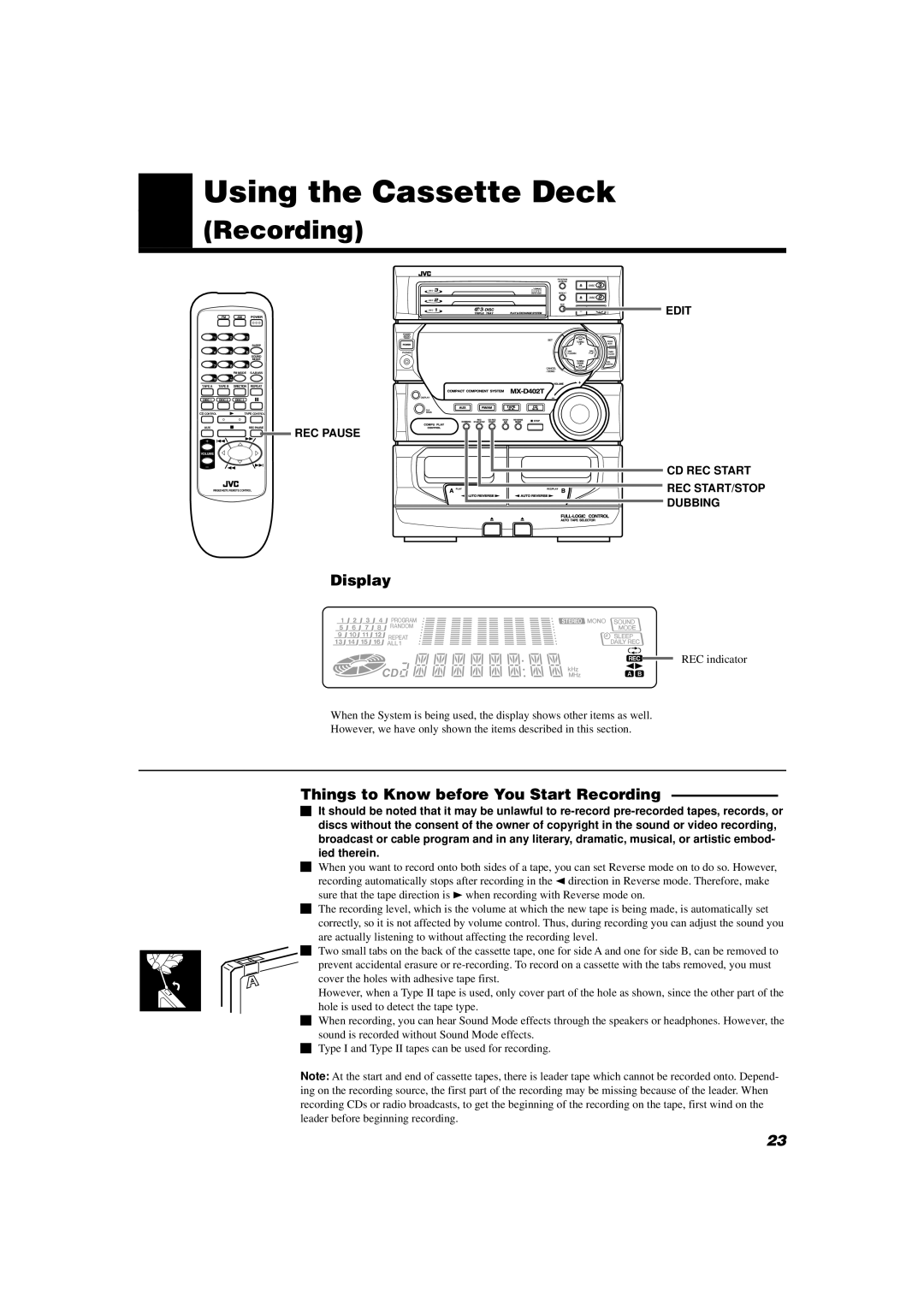 JVC MX-D402T manual Things to Know before You Start Recording 