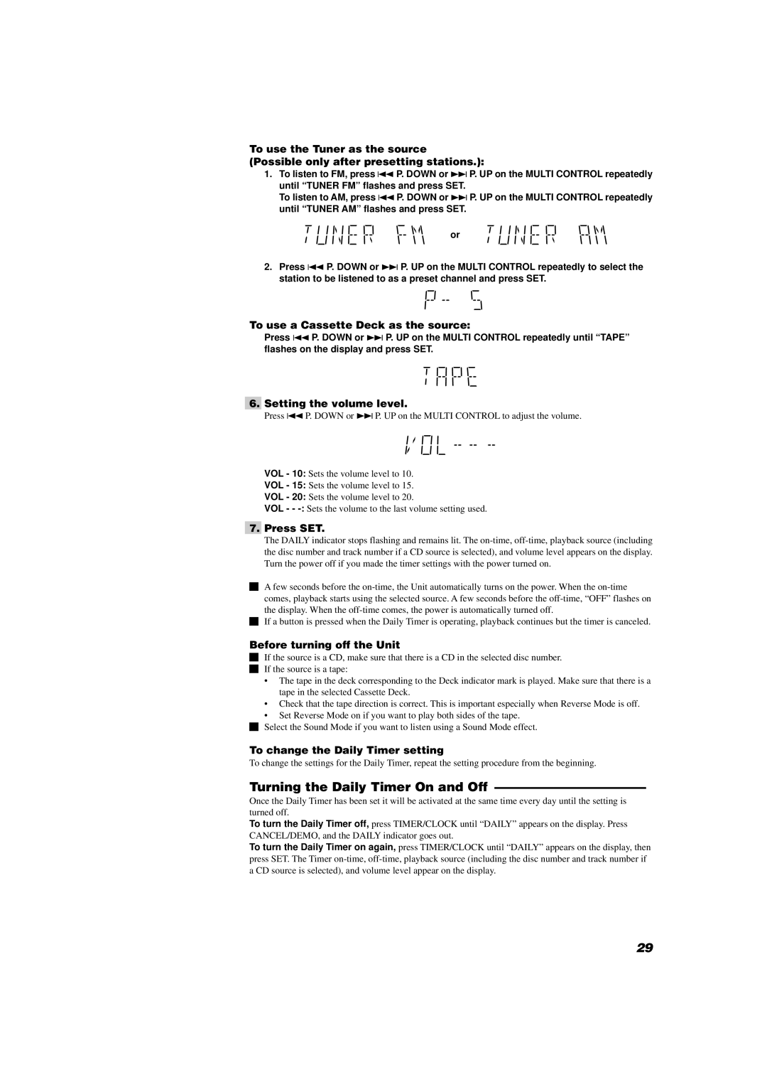 JVC MX-D402T manual Turning the Daily Timer On and Off, To use a Cassette Deck as the source, Setting the volume level 
