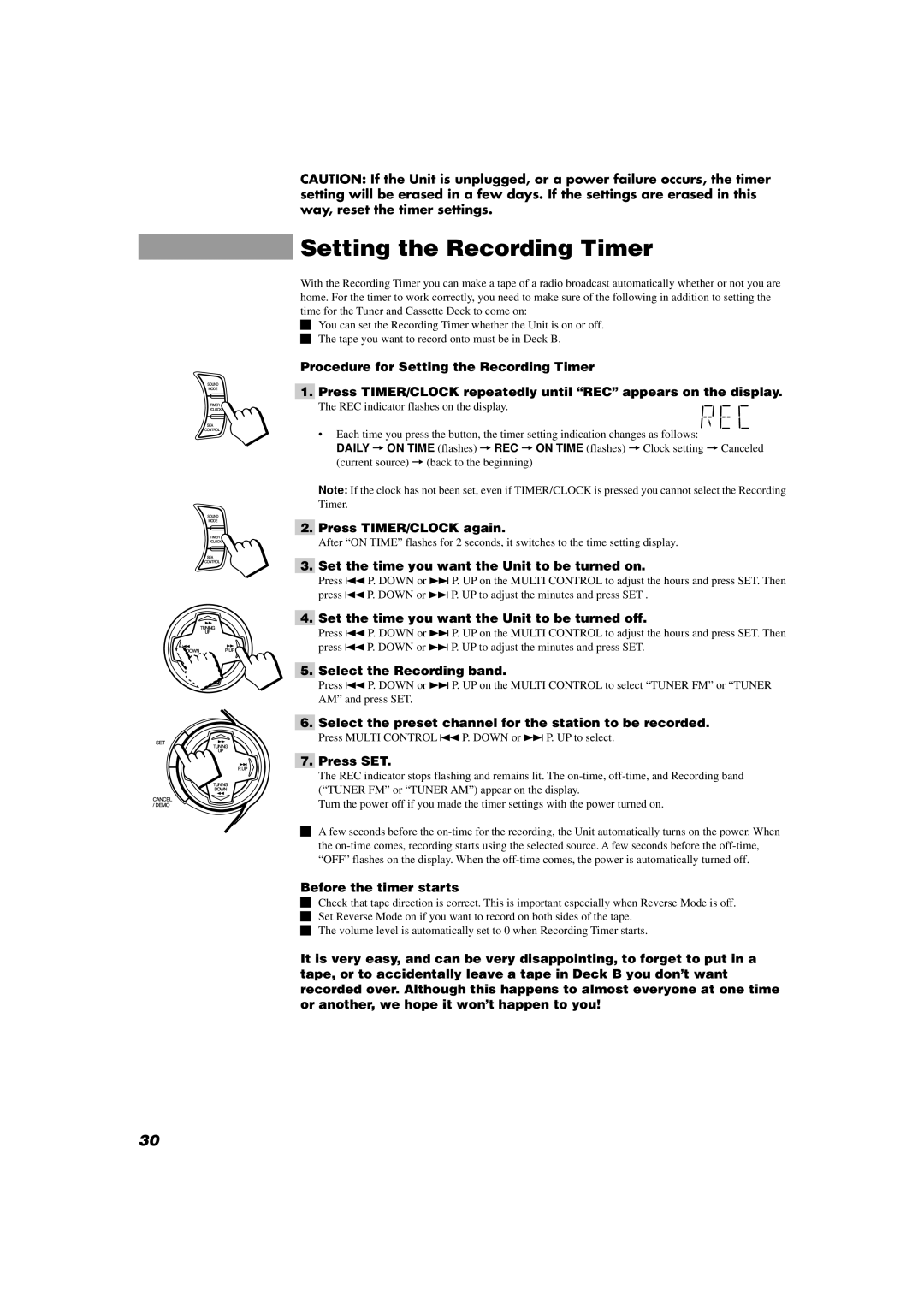 JVC MX-D402T manual Setting the Recording Timer 