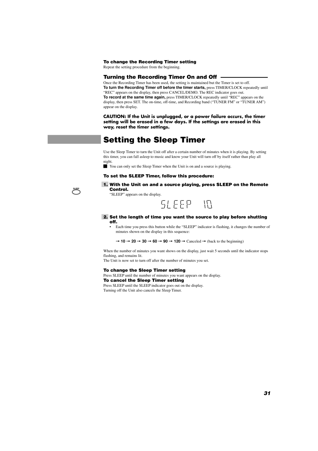 JVC MX-D402T manual Setting the Sleep Timer, Turning the Recording Timer On and Off, To change the Recording Timer setting 