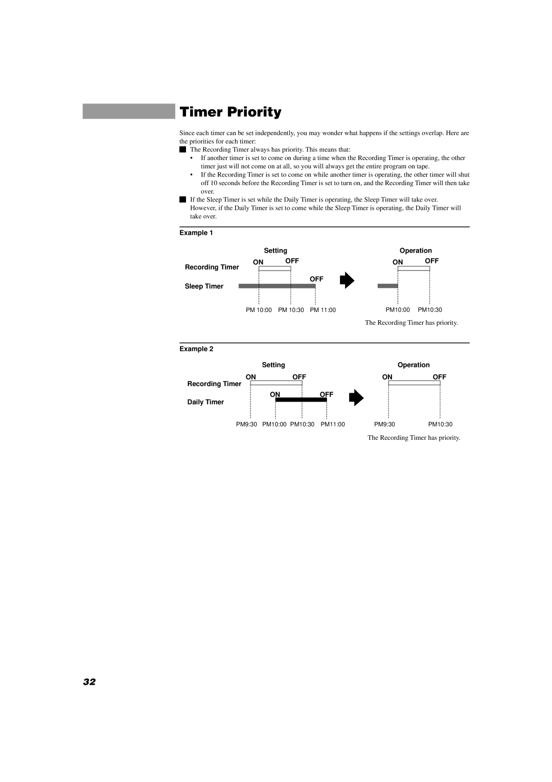 JVC MX-D402T manual Timer Priority, Example Setting Operation, Recording Timer, Sleep Timer, Daily Timer 
