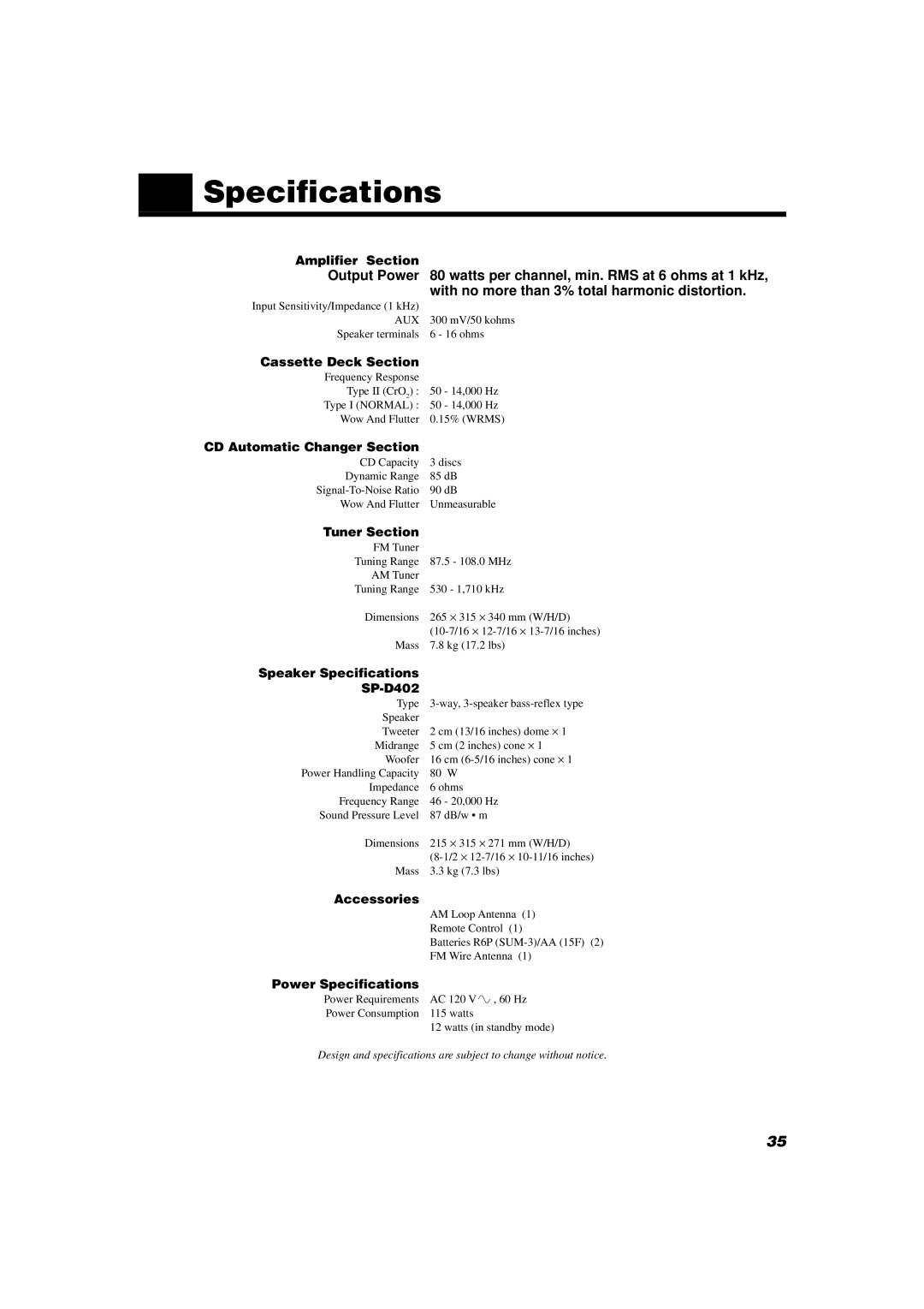 JVC MX-D402T manual Specifications 