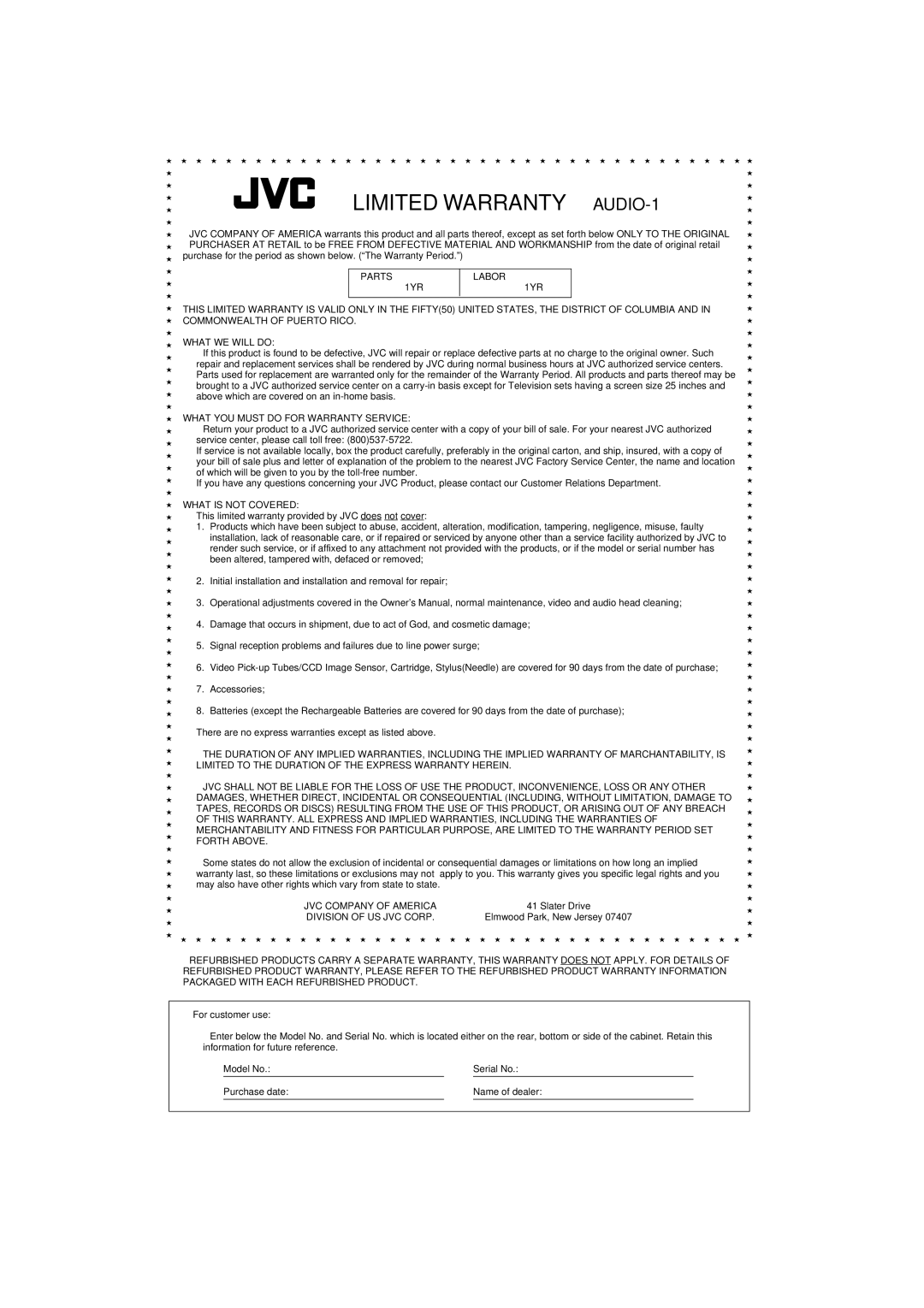 JVC MX-D402T manual Limited Warranty AUDIO-1 