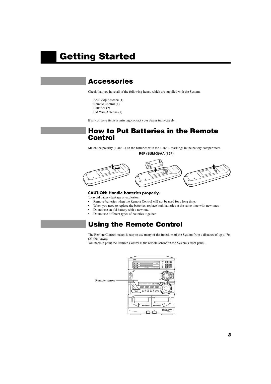 JVC MX-D402T manual Getting Started, Accessories, How to Put Batteries in the Remote Control, Using the Remote Control 