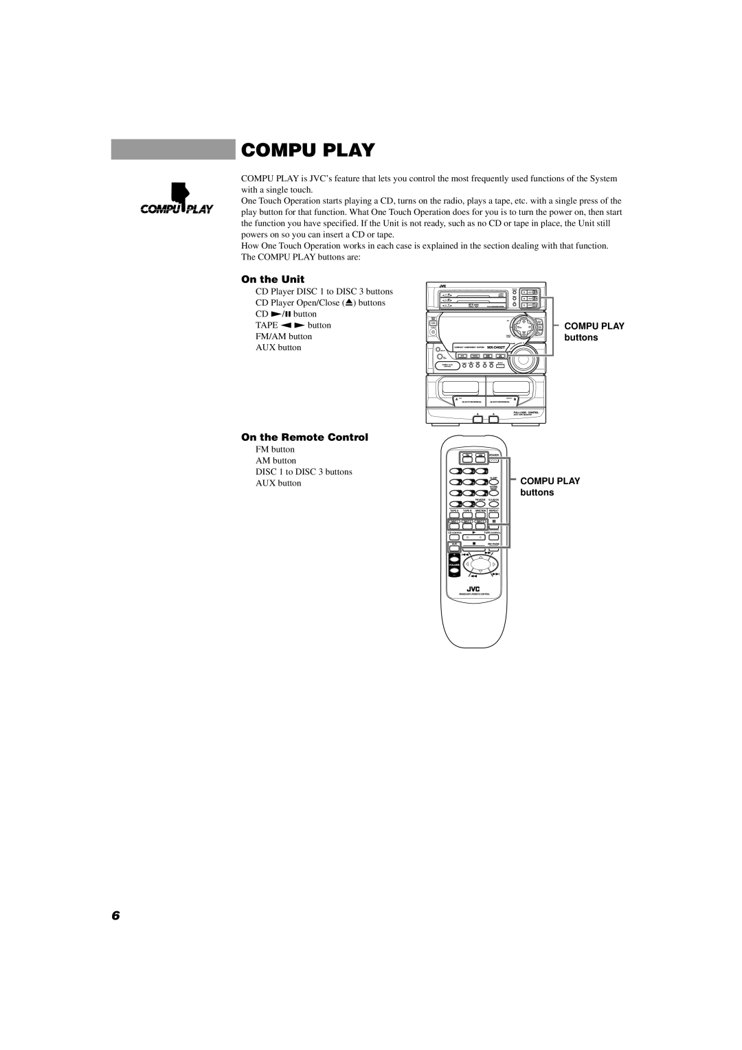 JVC MX-D402T manual On the Unit, On the Remote Control, Compu Play buttons 