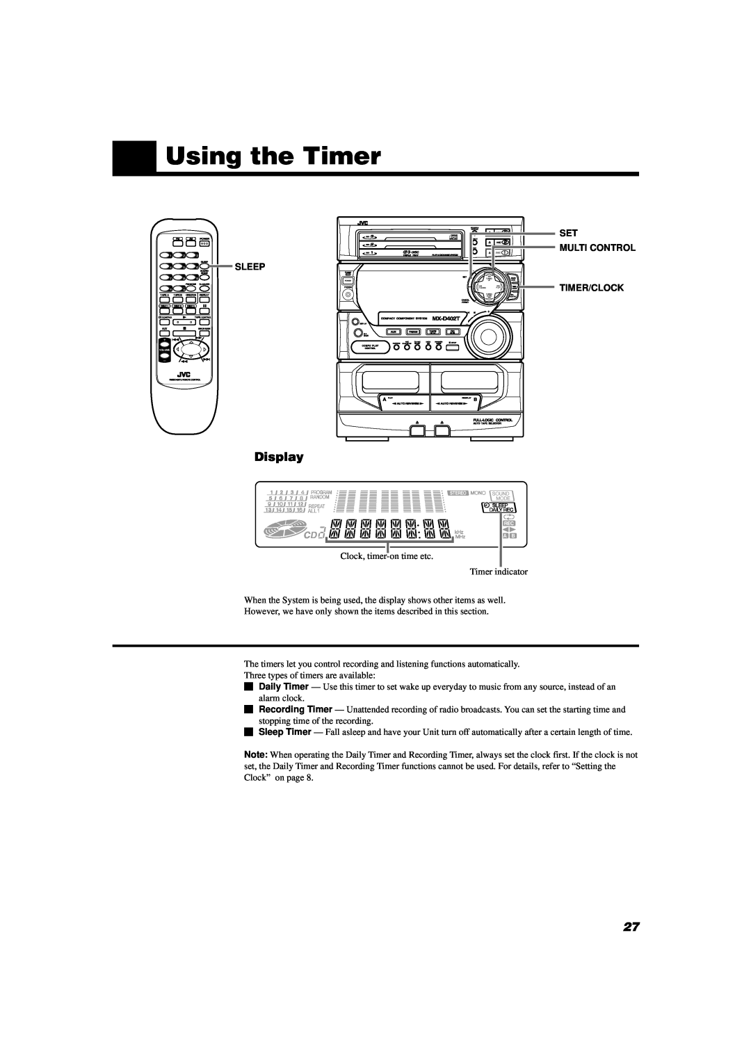 JVC MX-D402T manual Using the Timer, Sleep, Set Multi Control Timer/Clock 