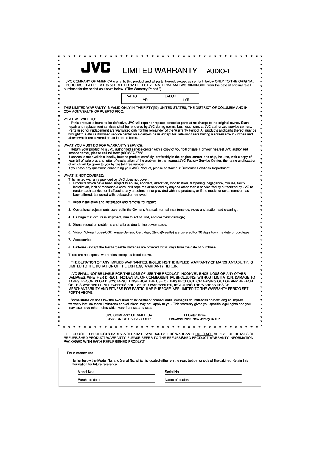 JVC MX-D402T manual LIMITED WARRANTY AUDIO-1 
